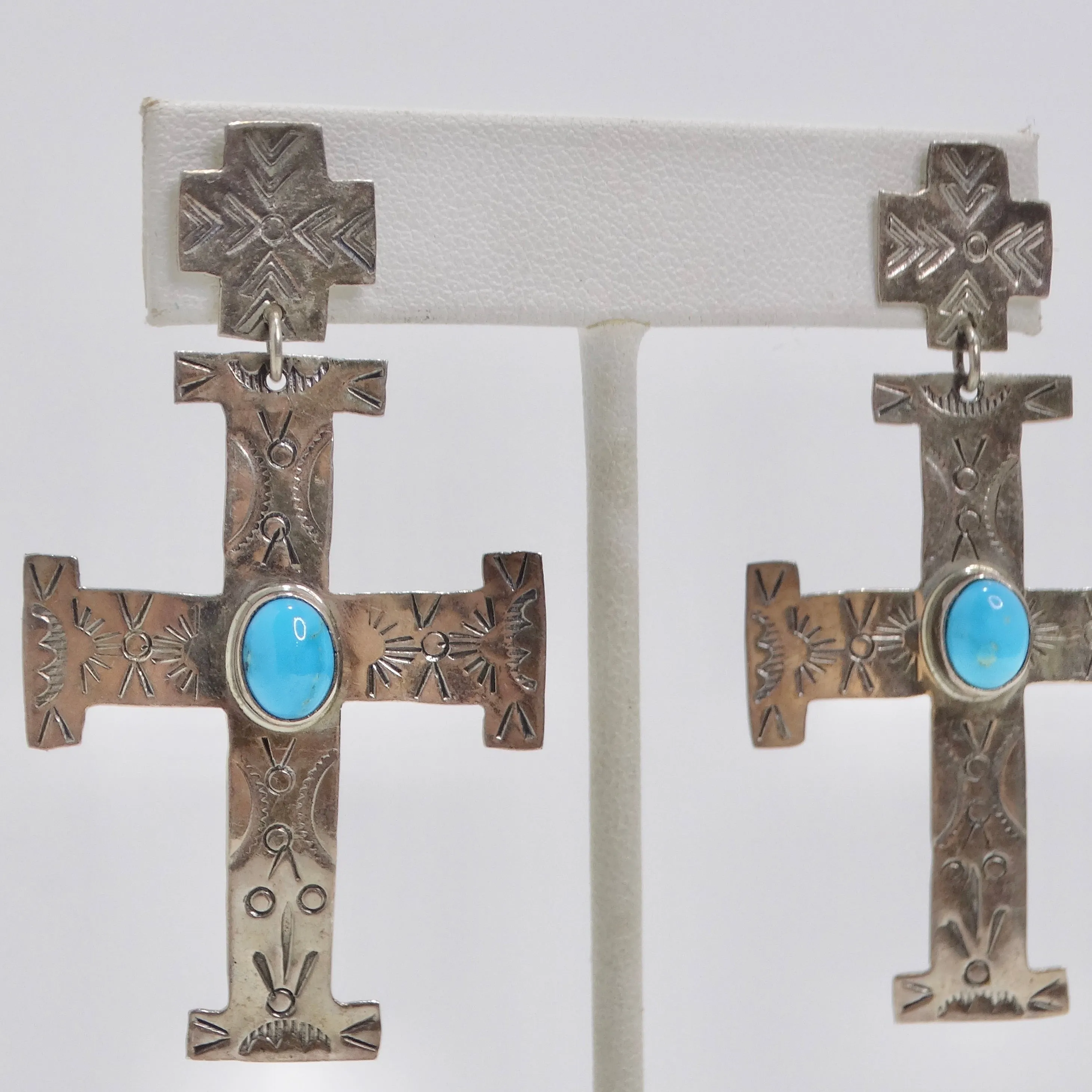 1960 Silver Turquoise Cross Earrings