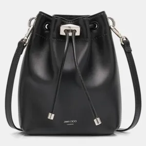 Black Leather Drawstring small Bucket Bag