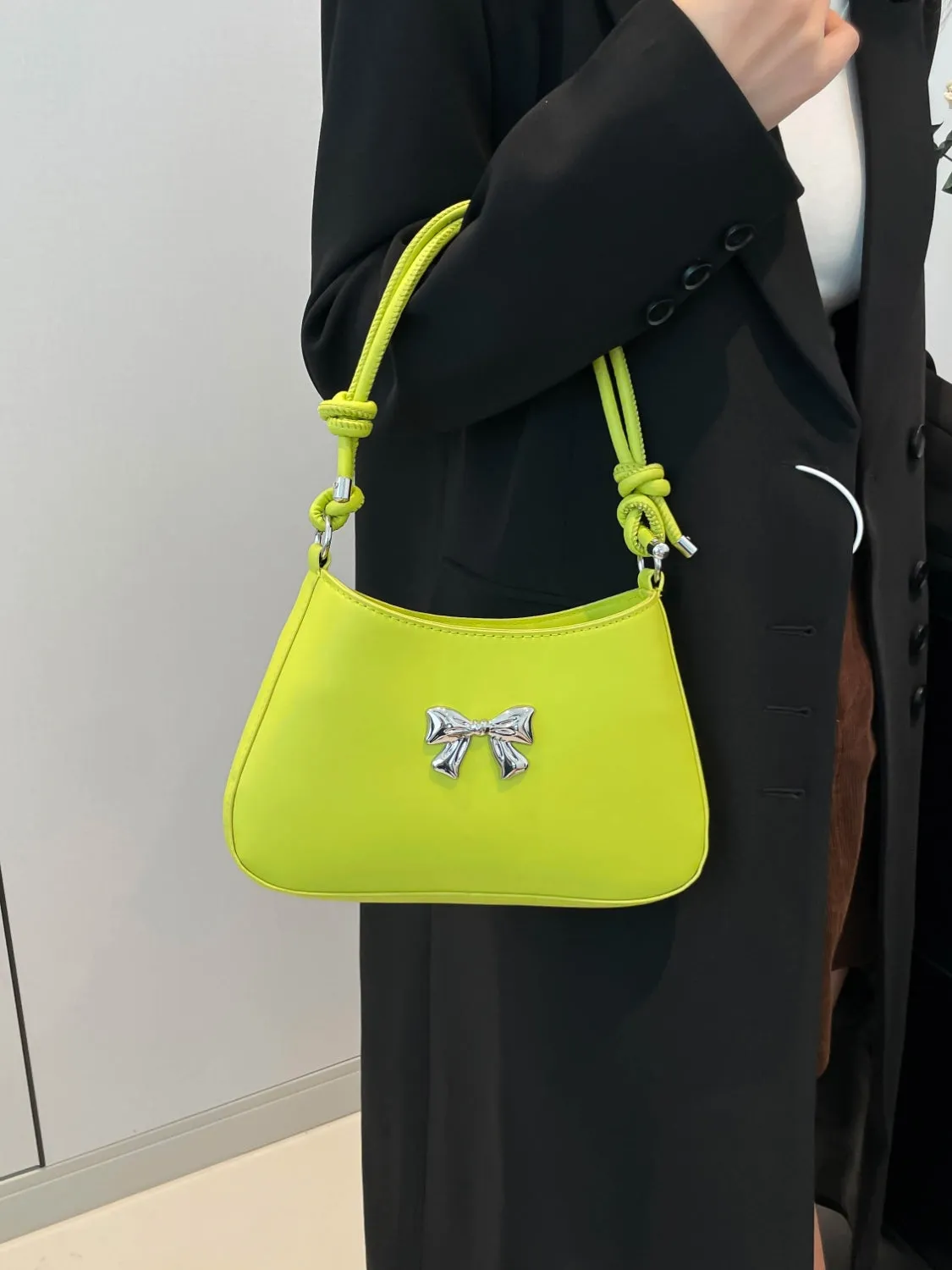 Bow-Detail PU Leather Knotted Strap Handbag