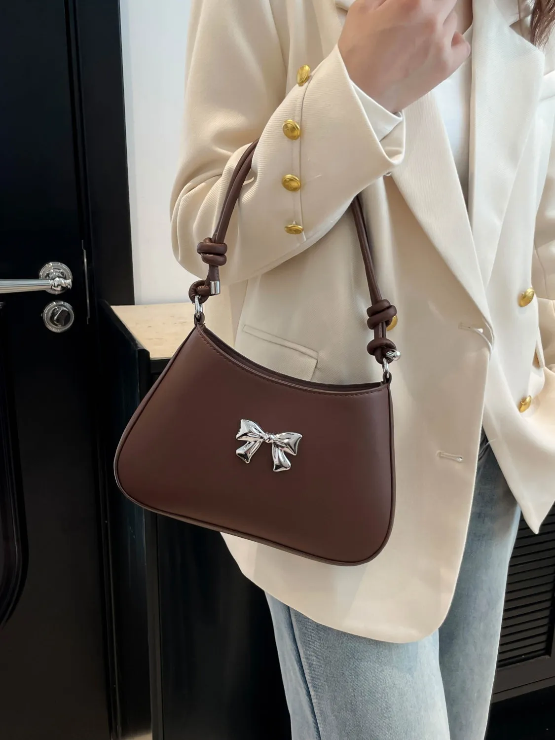 Bow-Detail PU Leather Knotted Strap Handbag