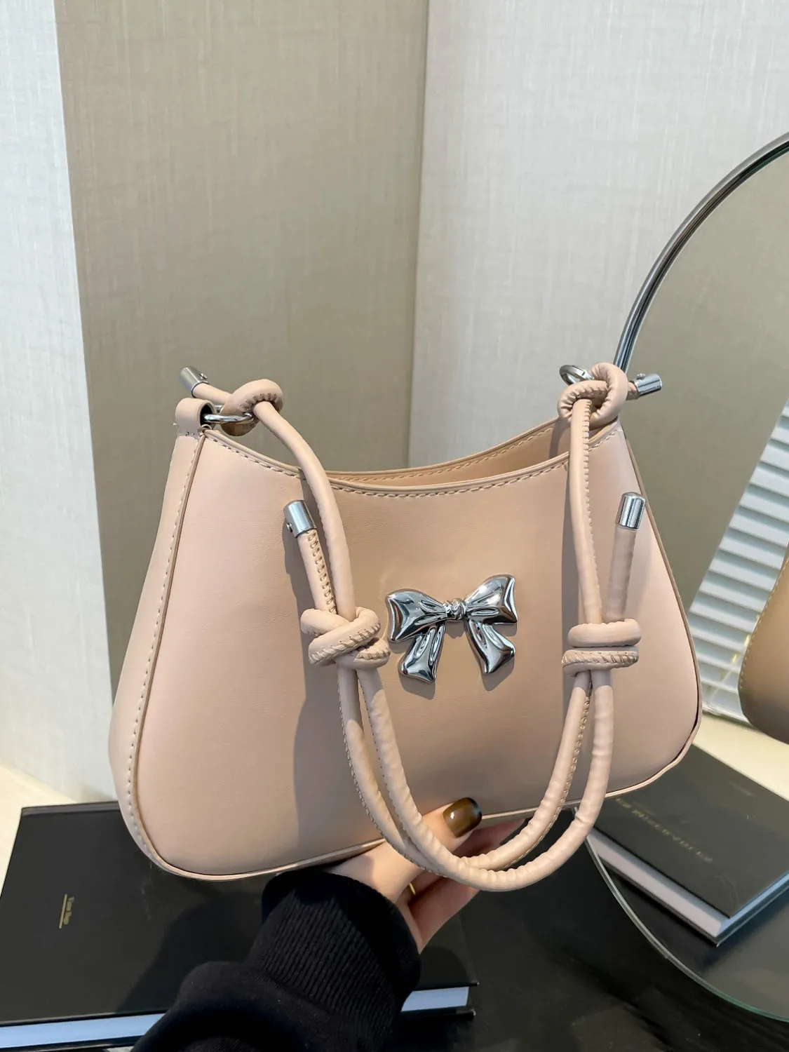 Bow-Detail PU Leather Knotted Strap Handbag