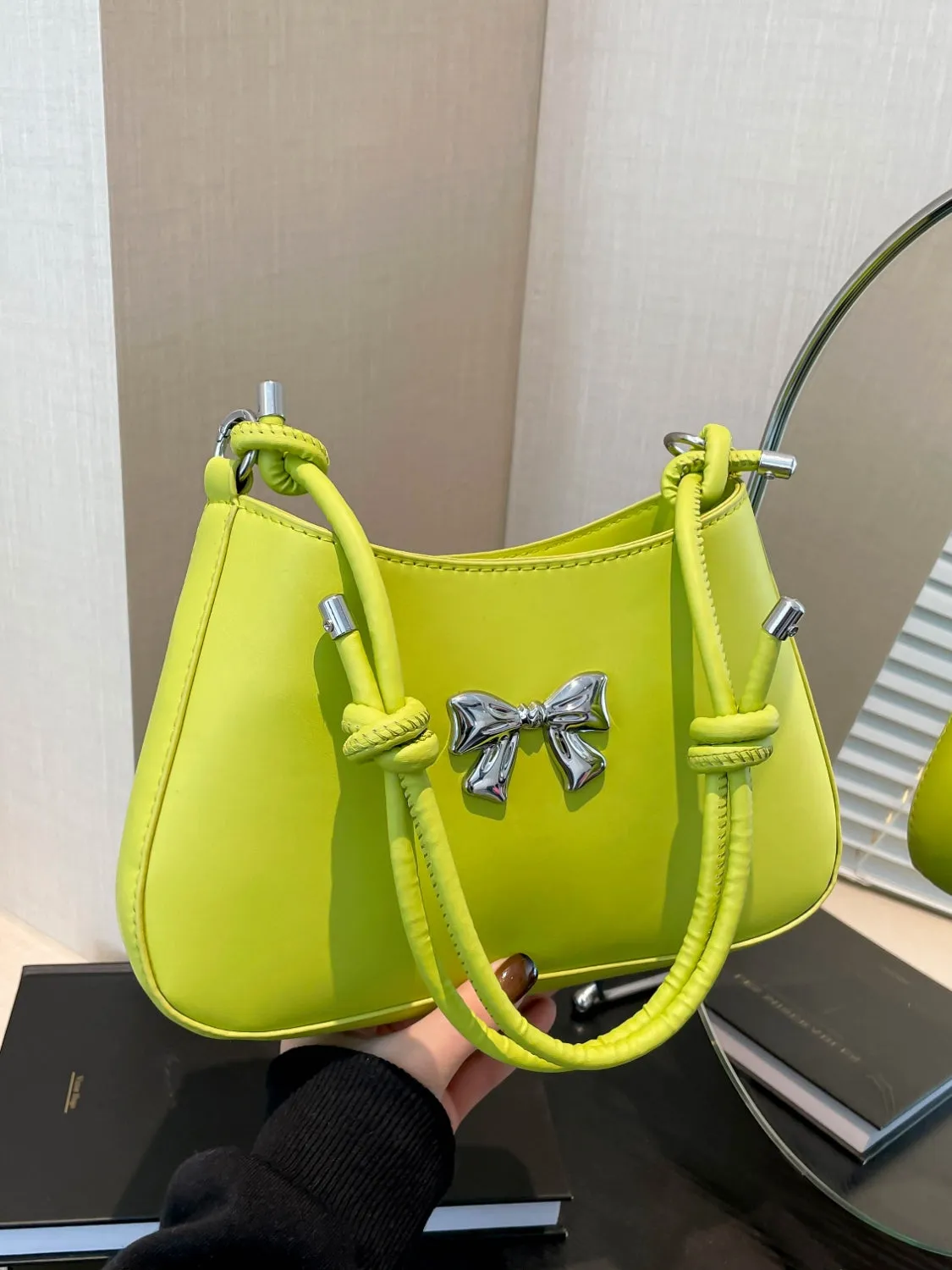 Bow-Detail PU Leather Knotted Strap Handbag