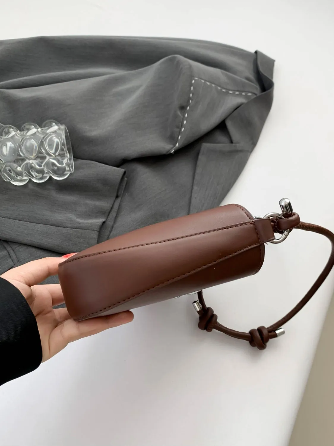 Bow-Detail PU Leather Knotted Strap Handbag