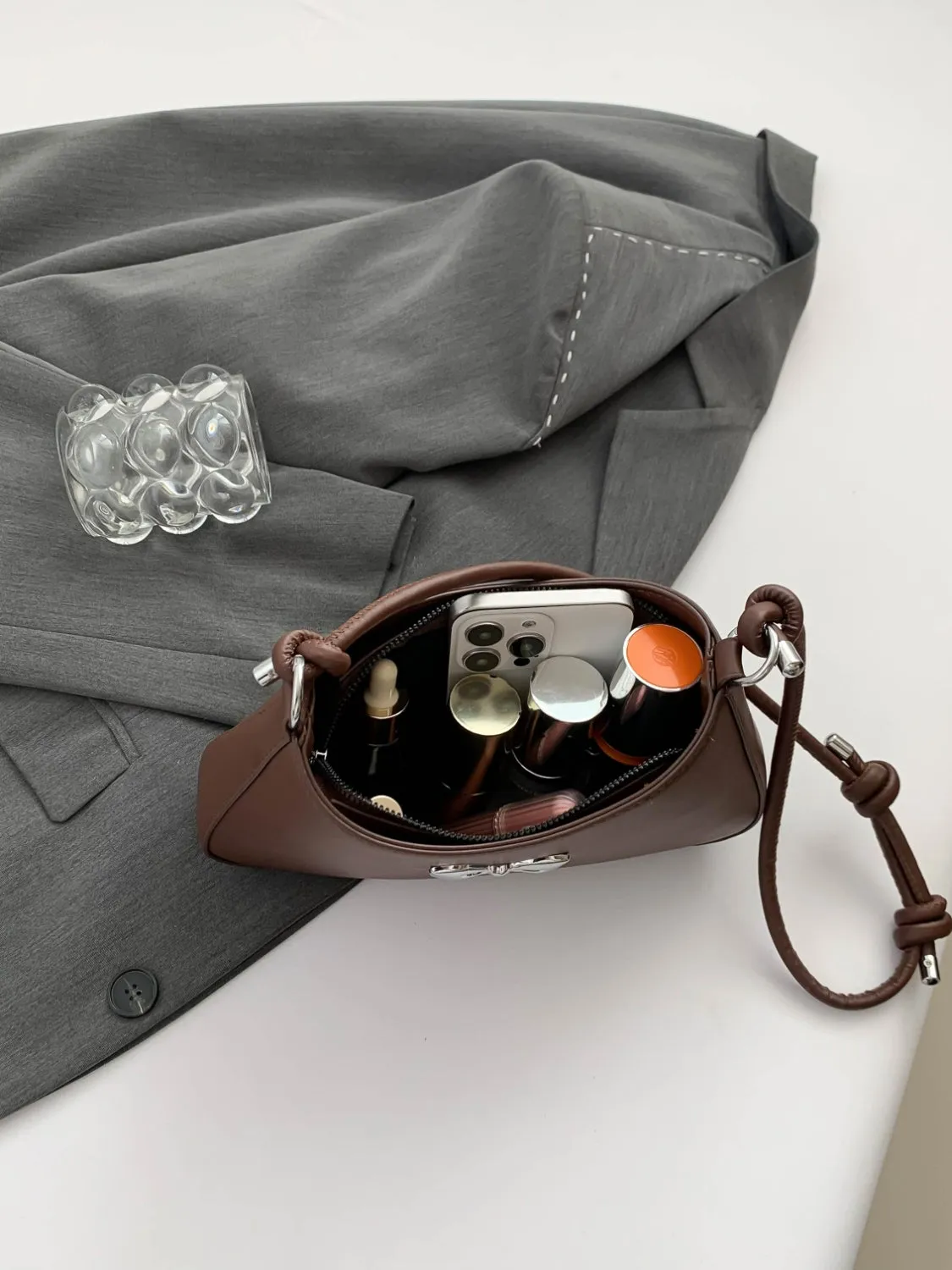 Bow-Detail PU Leather Knotted Strap Handbag