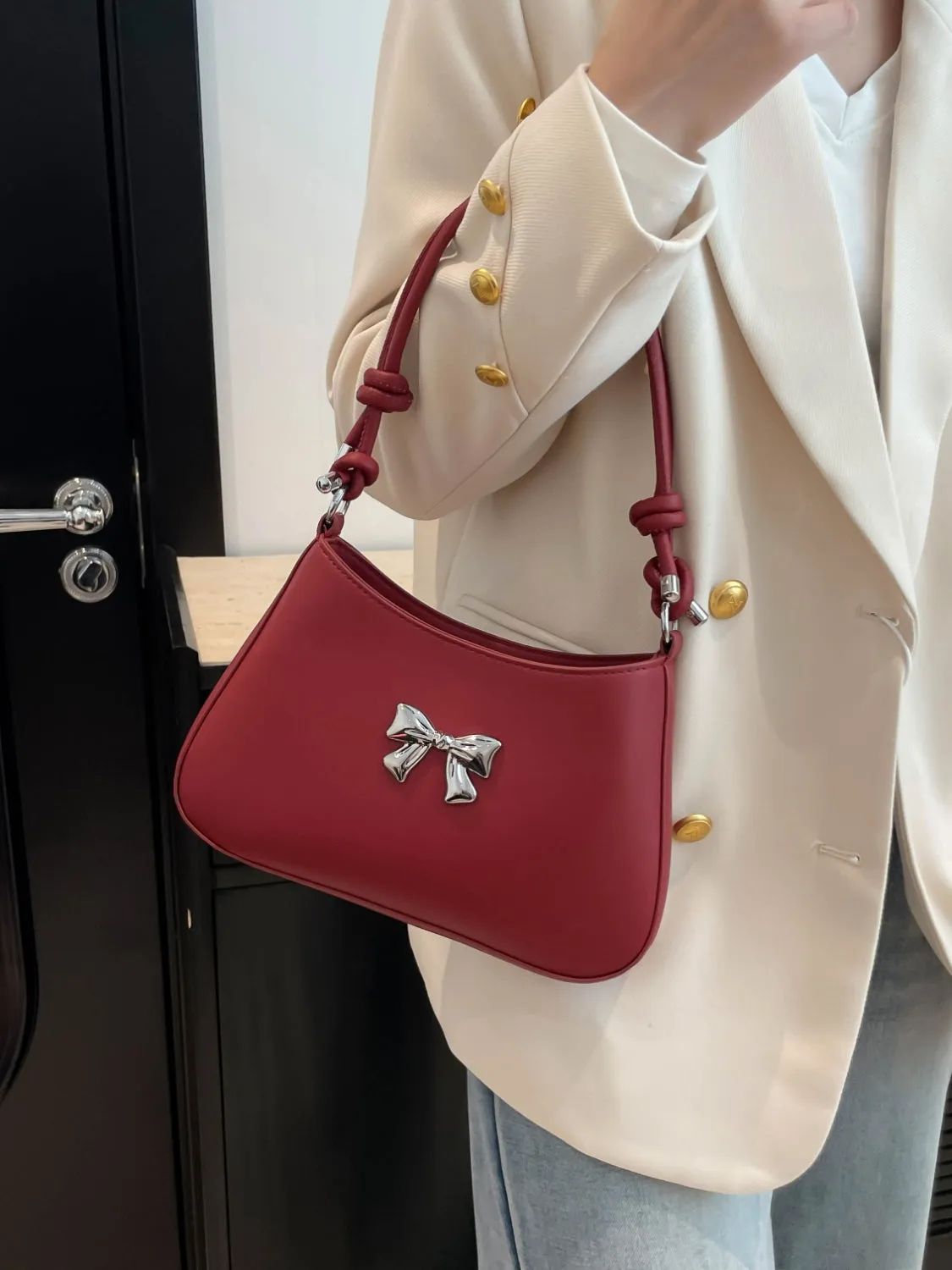 Bow-Detail PU Leather Knotted Strap Handbag