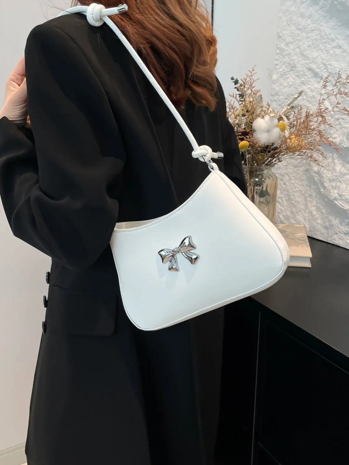 Bow-Detail PU Leather Knotted Strap Handbag