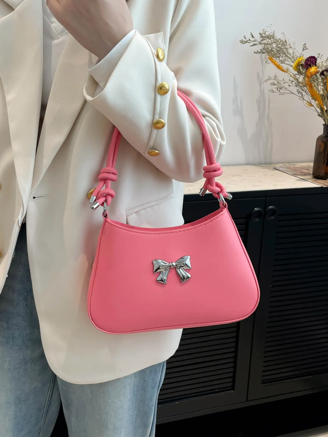 Bow-Detail PU Leather Knotted Strap Handbag