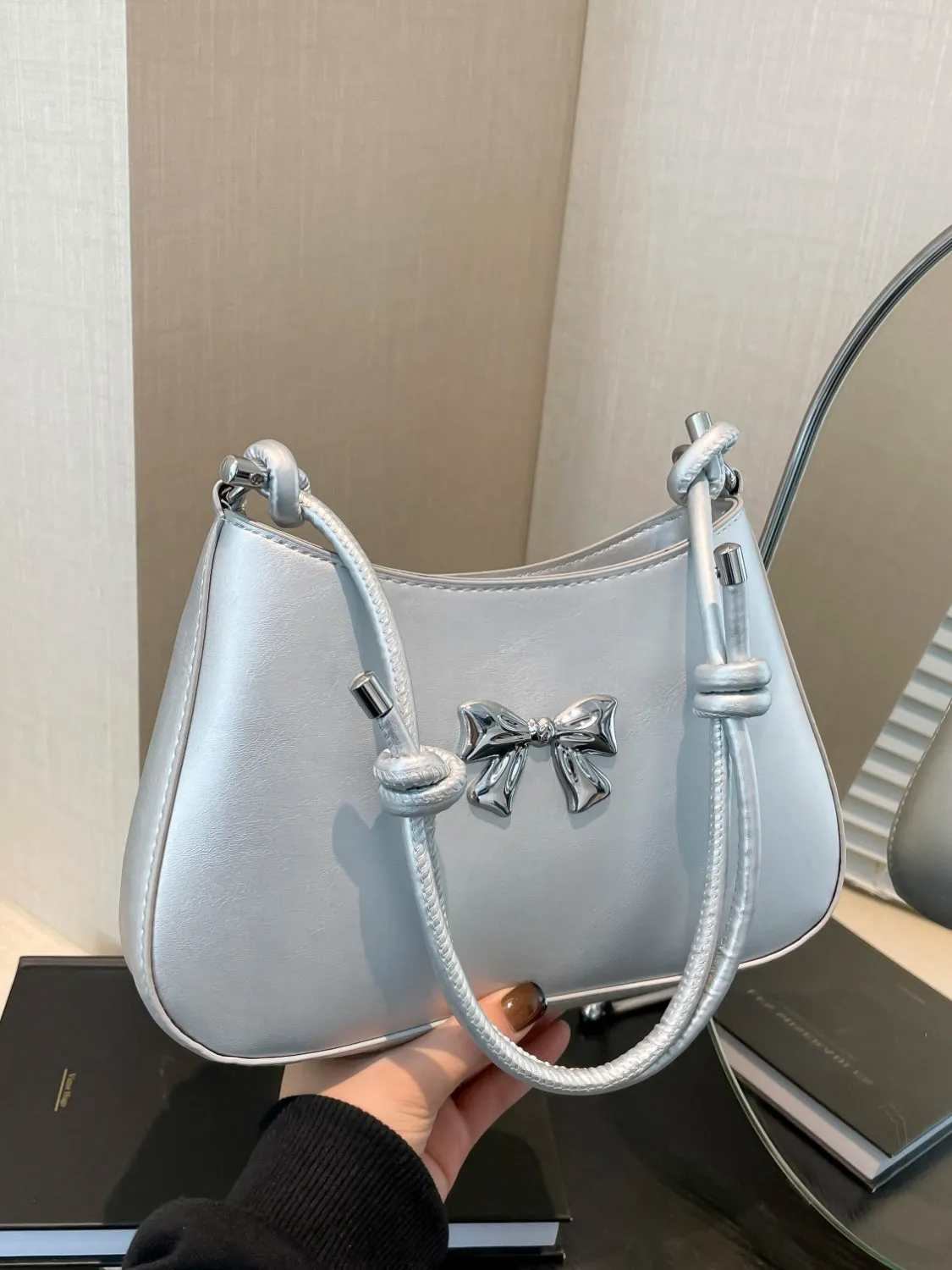 Bow-Detail PU Leather Knotted Strap Handbag