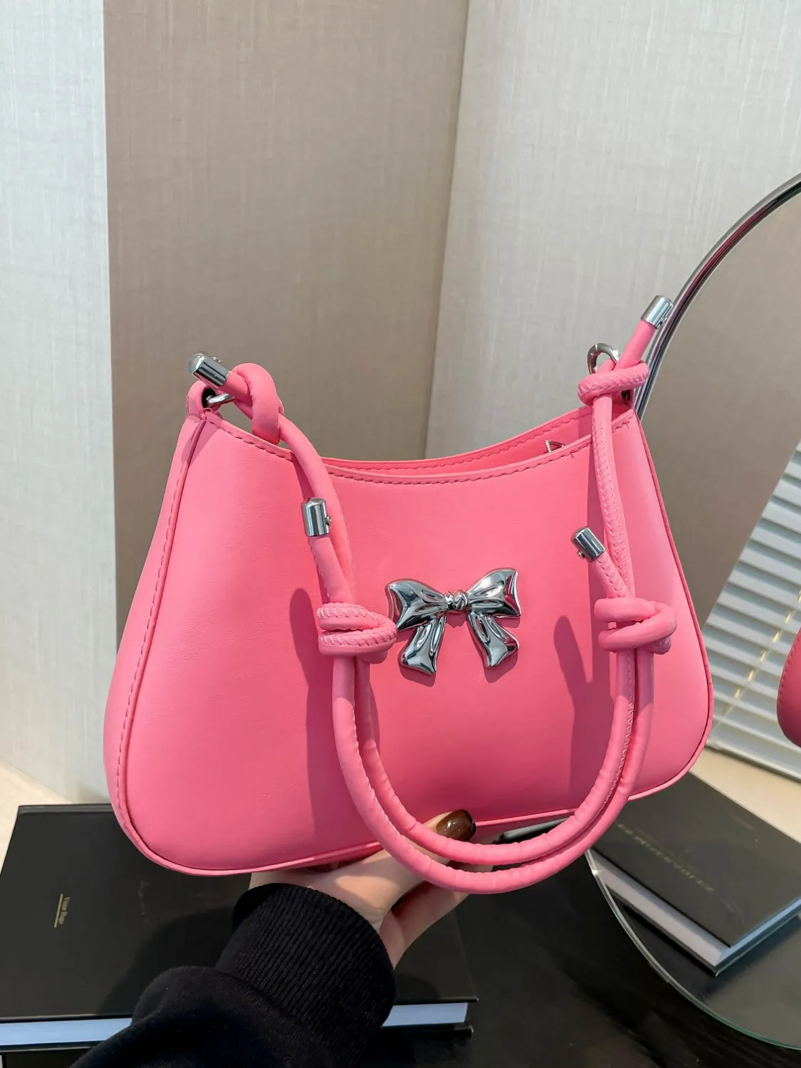 Bow-Detail PU Leather Knotted Strap Handbag