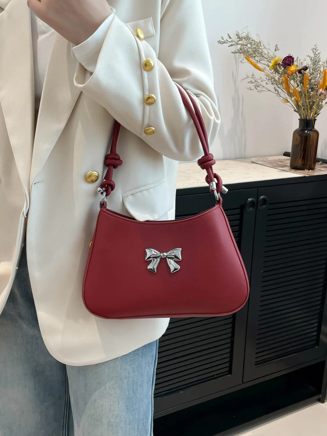 Bow-Detail PU Leather Knotted Strap Handbag