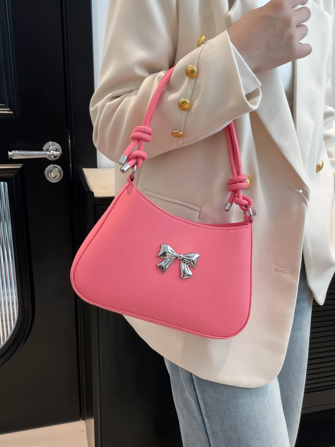 Bow-Detail PU Leather Knotted Strap Handbag