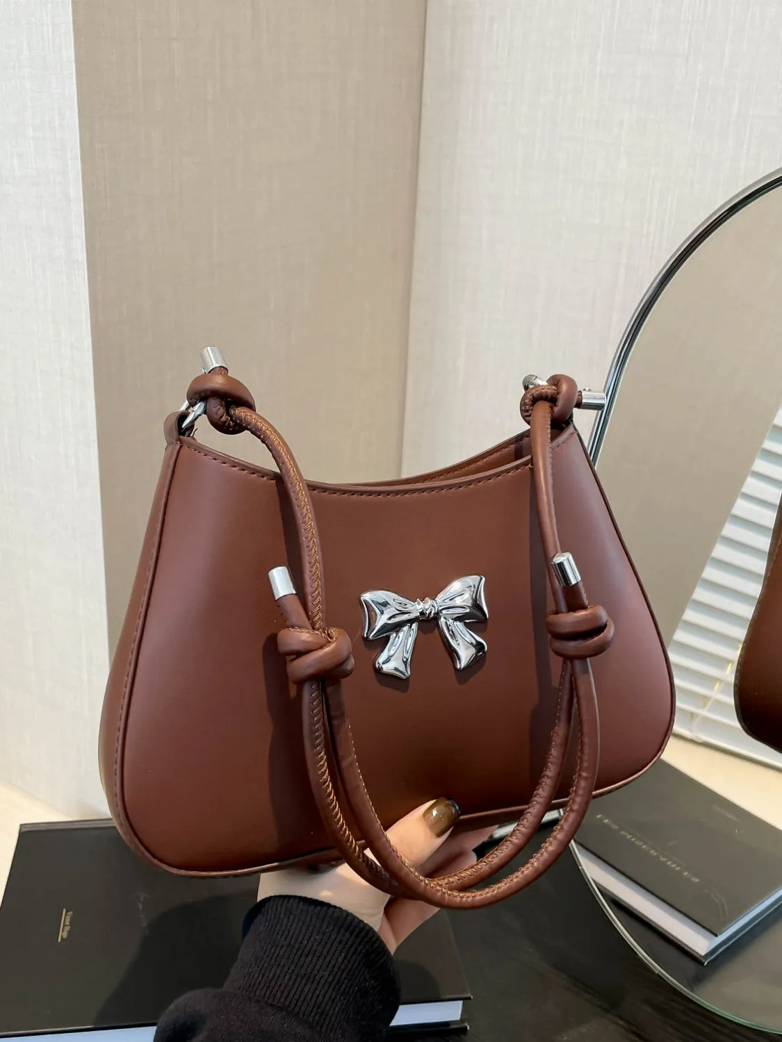 Bow-Detail PU Leather Knotted Strap Handbag