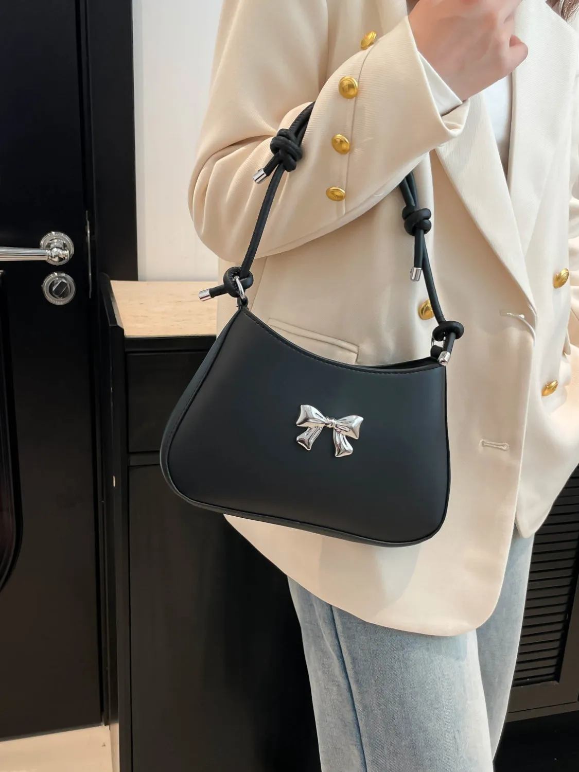 Bow-Detail PU Leather Knotted Strap Handbag
