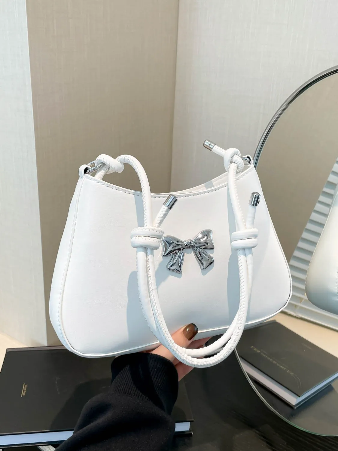 Bow-Detail PU Leather Knotted Strap Handbag