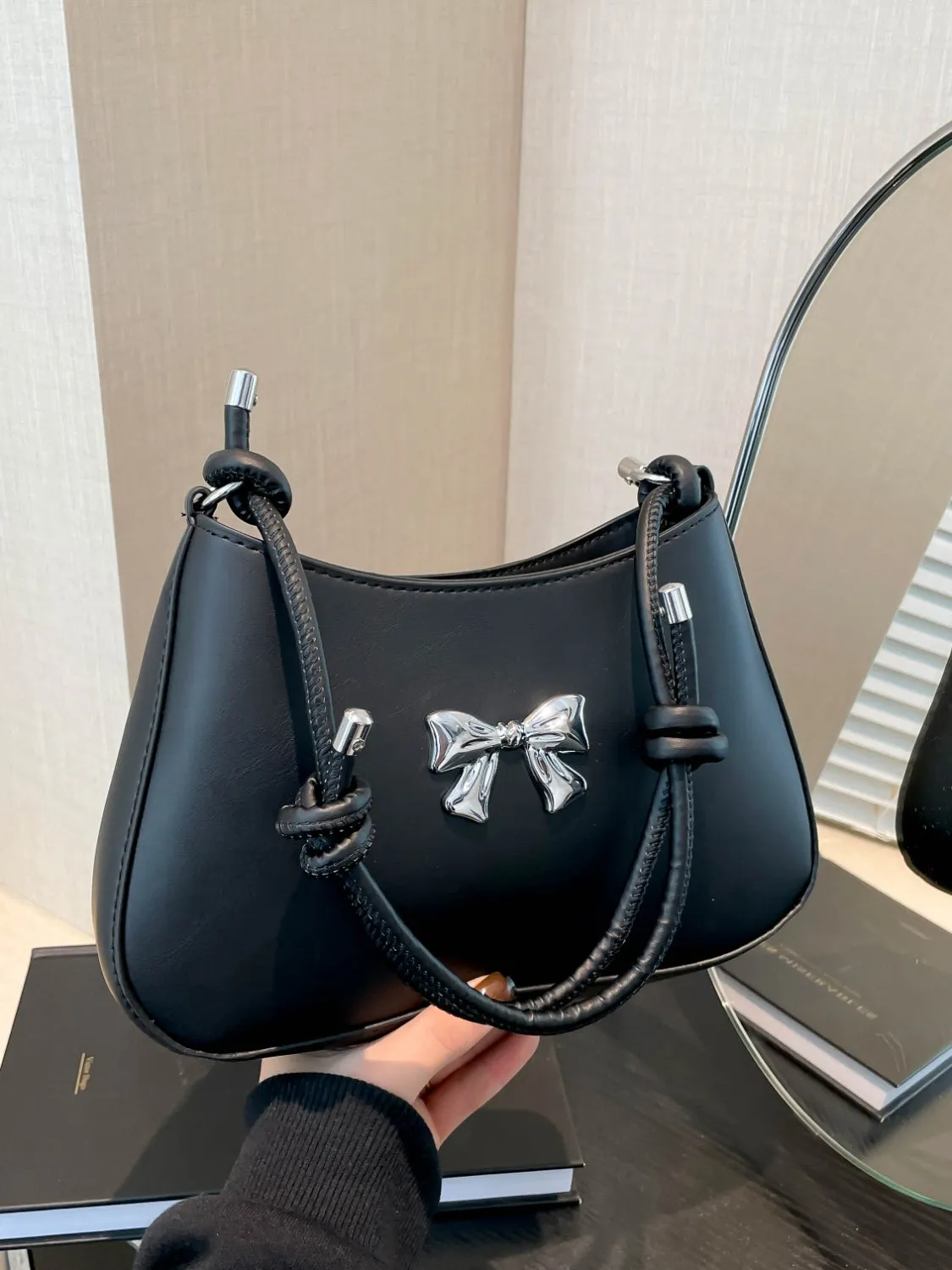 Bow-Detail PU Leather Knotted Strap Handbag