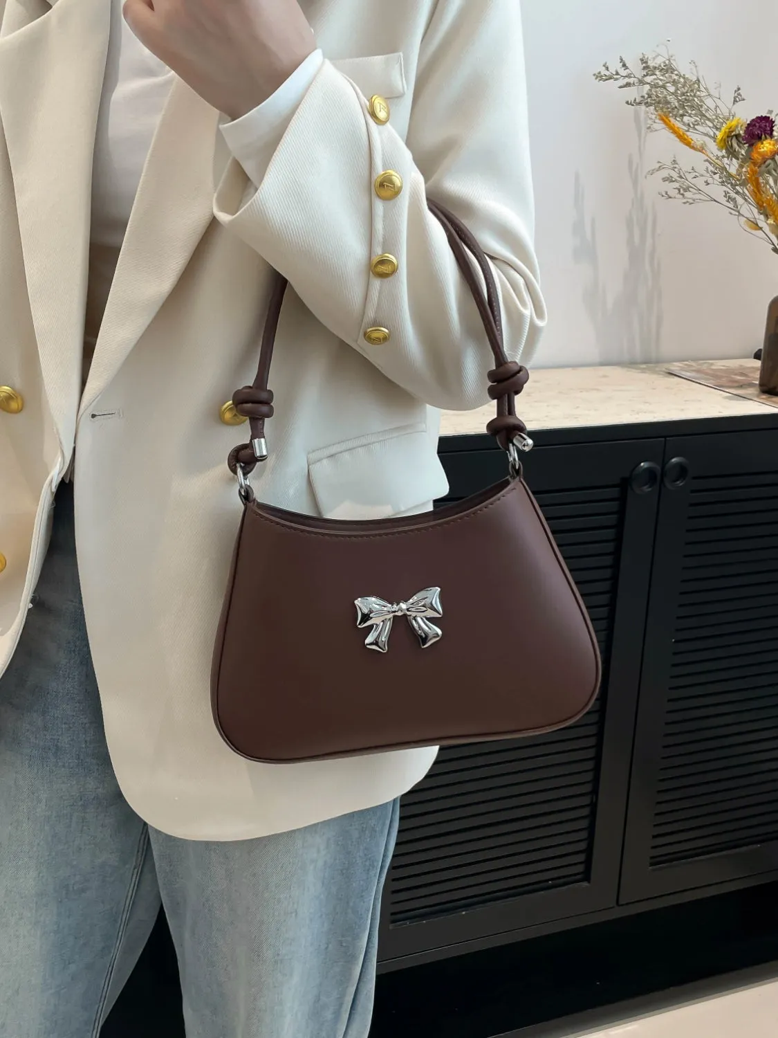 Bow-Detail PU Leather Knotted Strap Handbag