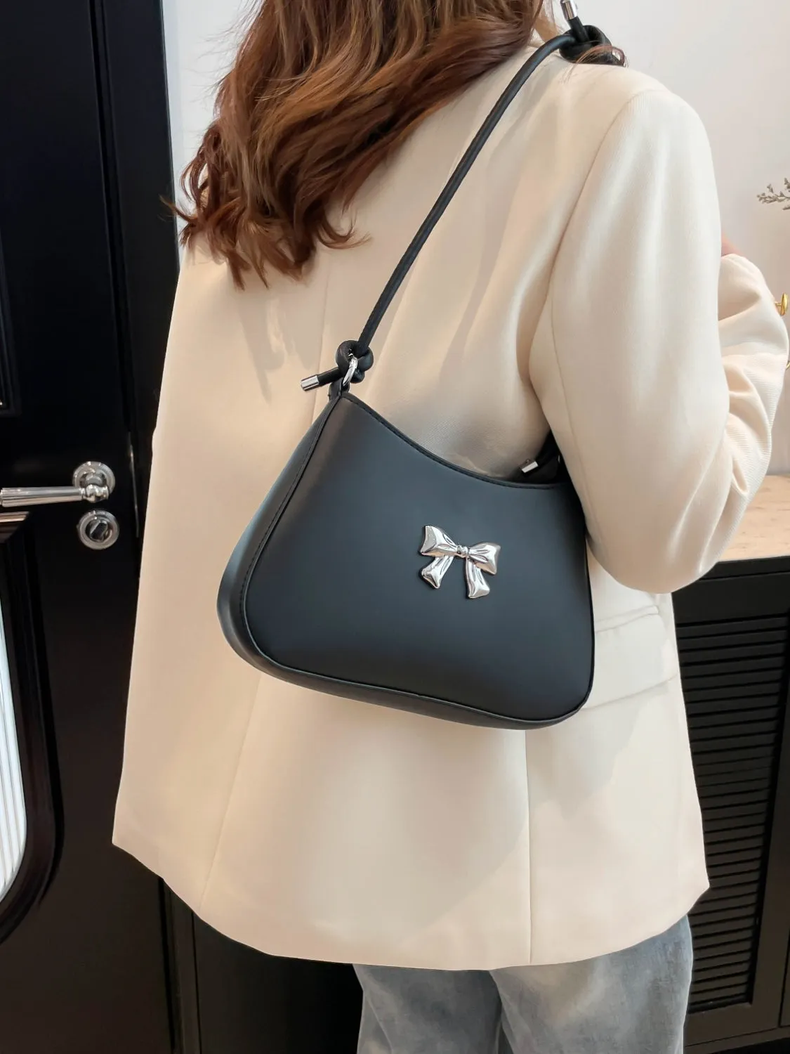 Bow-Detail PU Leather Knotted Strap Handbag