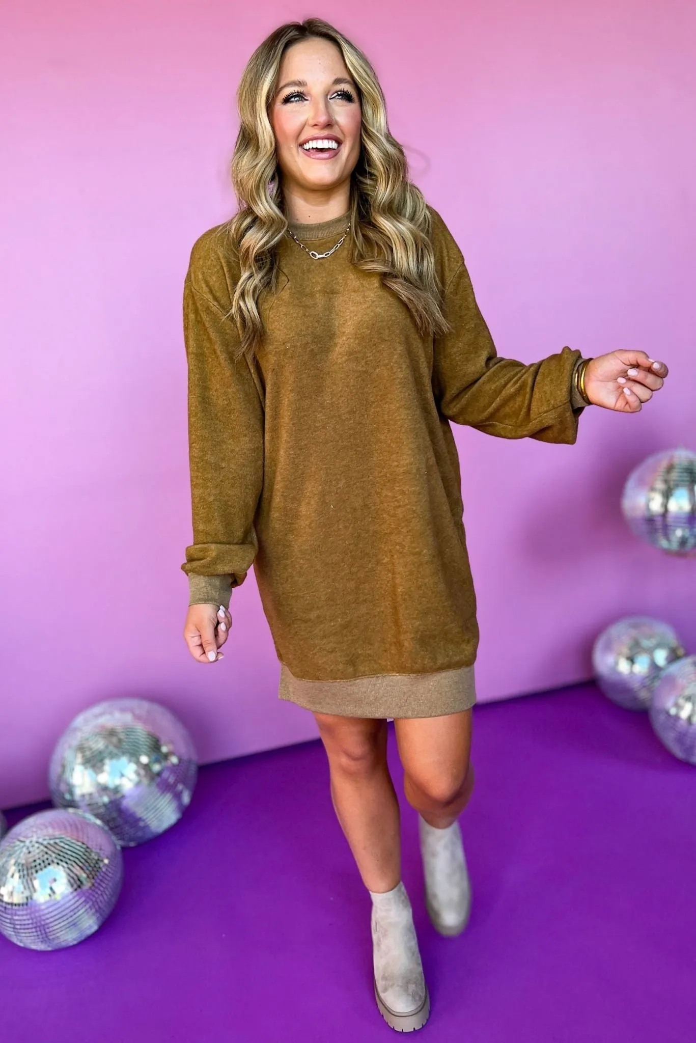 Brown Crew Neck Drop Shoulder Long Sleeve Dress *FINAL SALE*