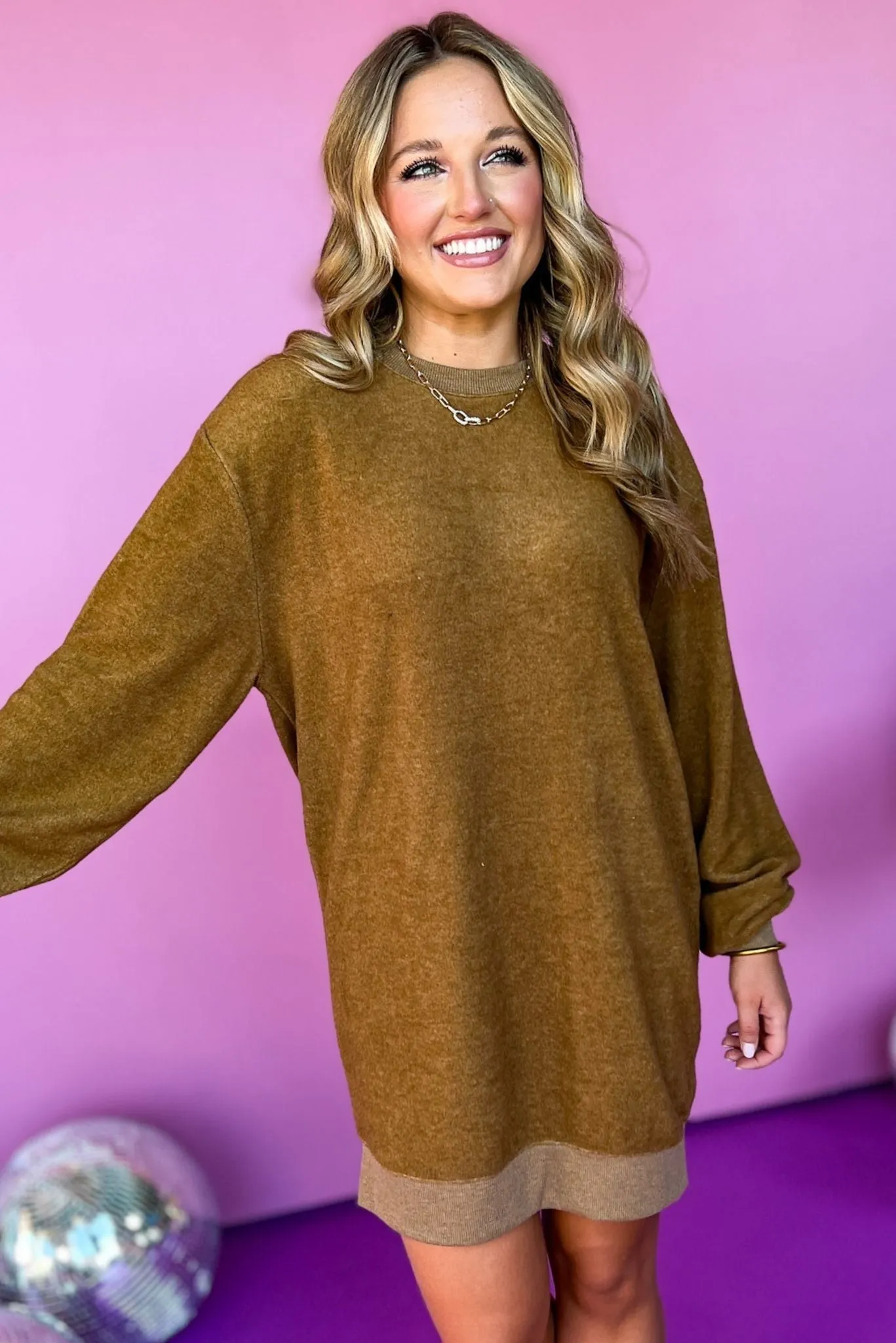 Brown Crew Neck Drop Shoulder Long Sleeve Dress *FINAL SALE*