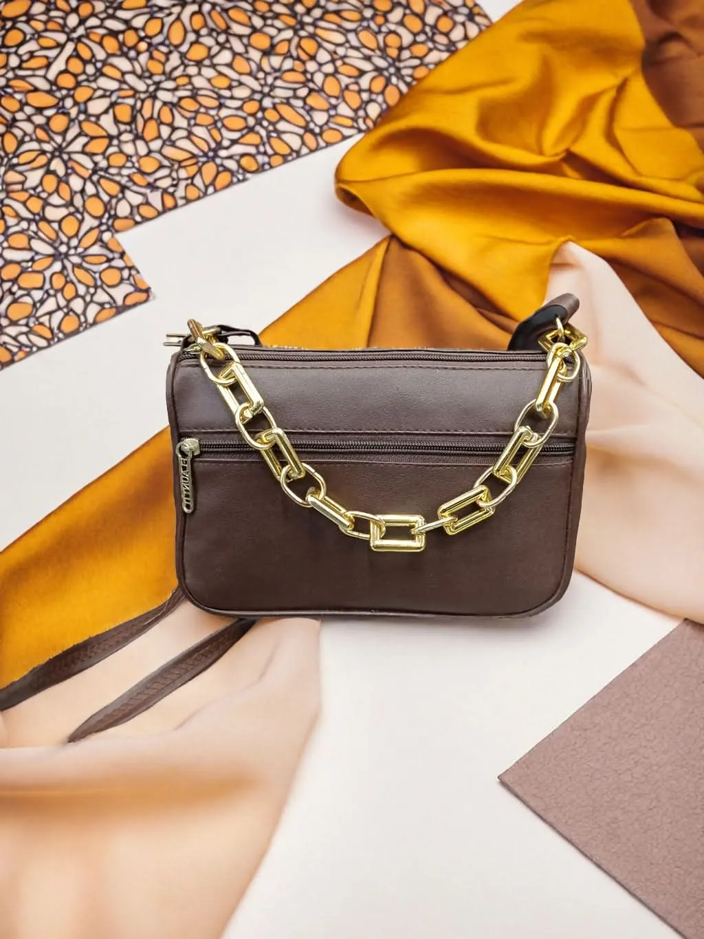 Brown Leather bag for Ladies (Gold plated chain)