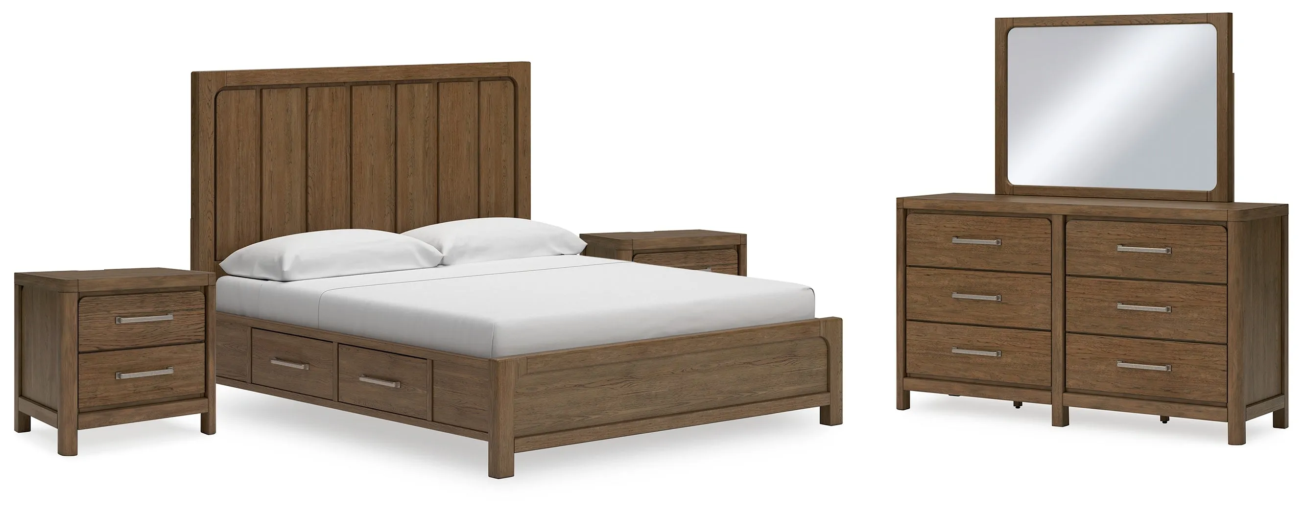 Cabalynn King Panel Bed with Storage with Mirrored Dresser and 2 Nightstands in Light Brown
