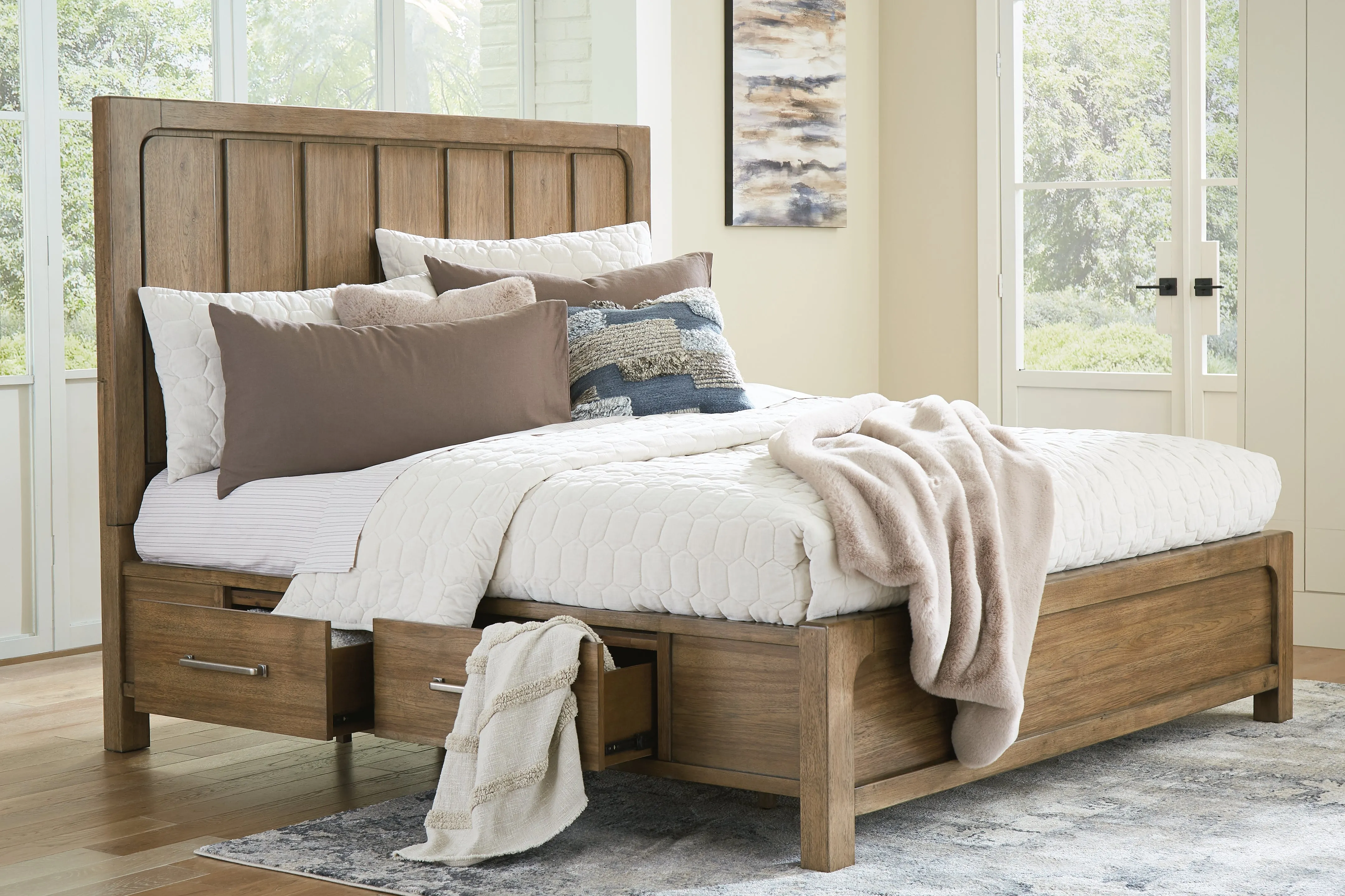 Cabalynn King Panel Bed with Storage with Mirrored Dresser and 2 Nightstands in Light Brown