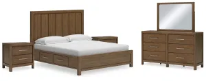 Cabalynn King Panel Bed with Storage with Mirrored Dresser and 2 Nightstands in Light Brown
