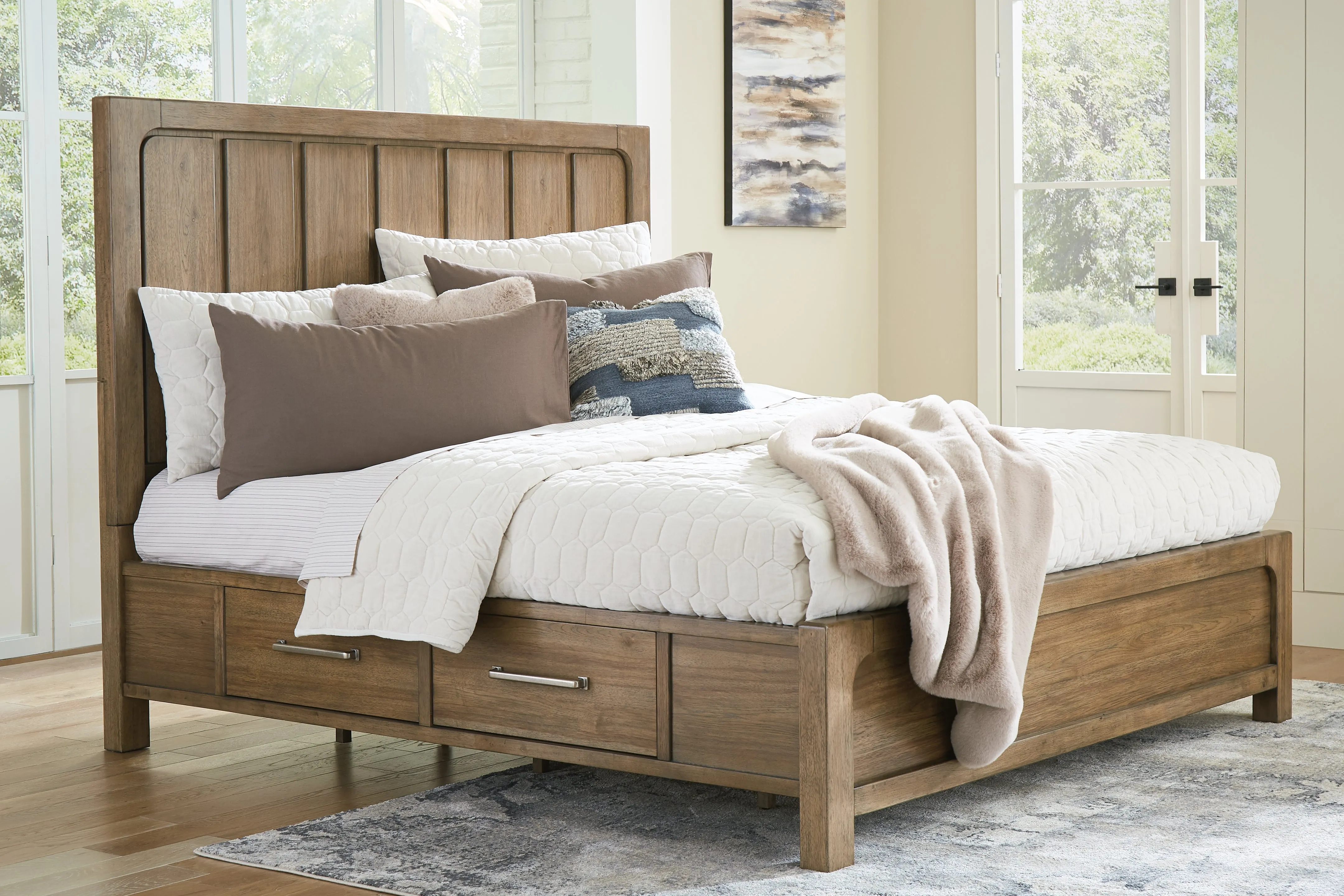 Cabalynn King Panel Bed with Storage with Mirrored Dresser and 2 Nightstands in Light Brown
