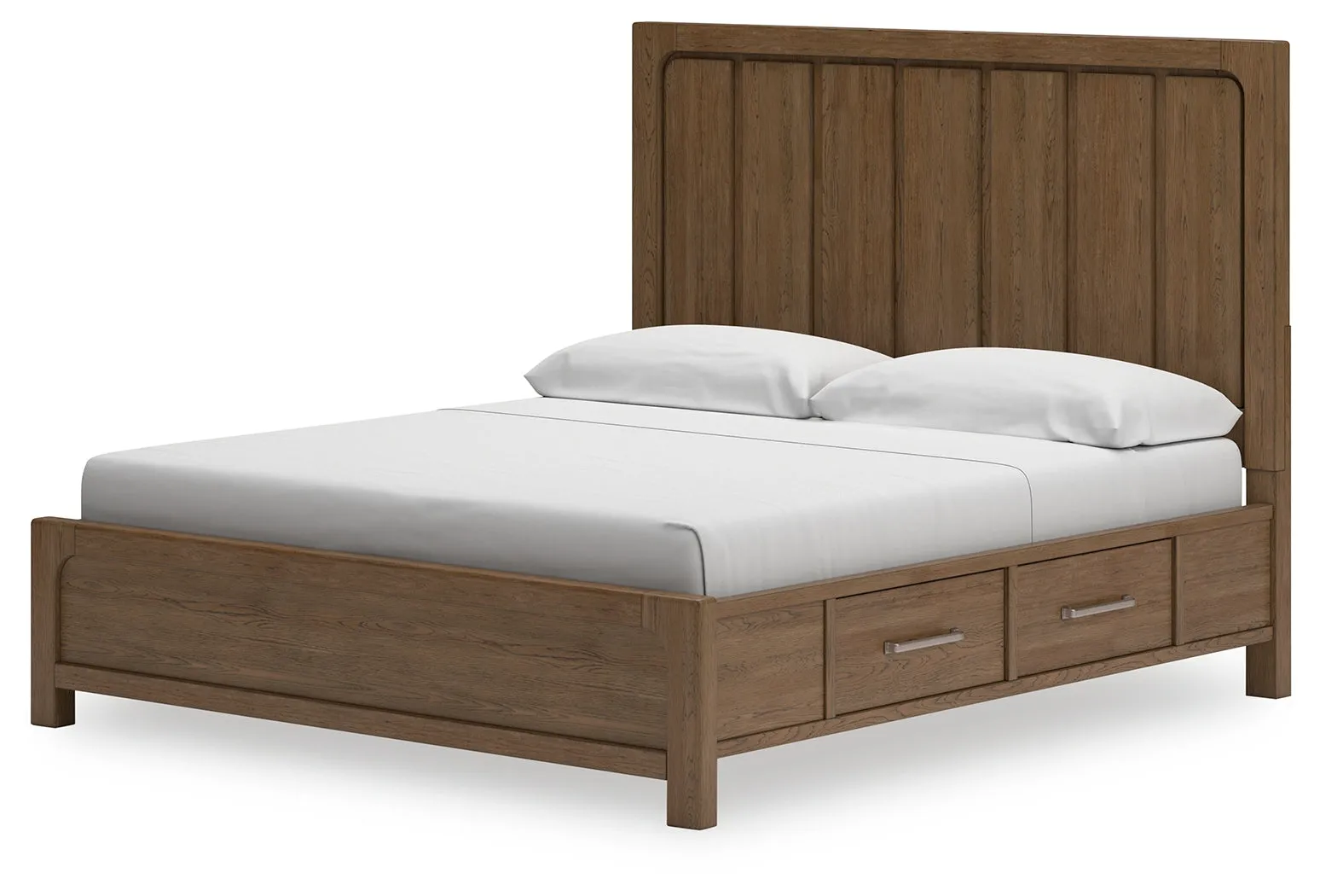 Cabalynn King Panel Bed with Storage with Mirrored Dresser and 2 Nightstands in Light Brown