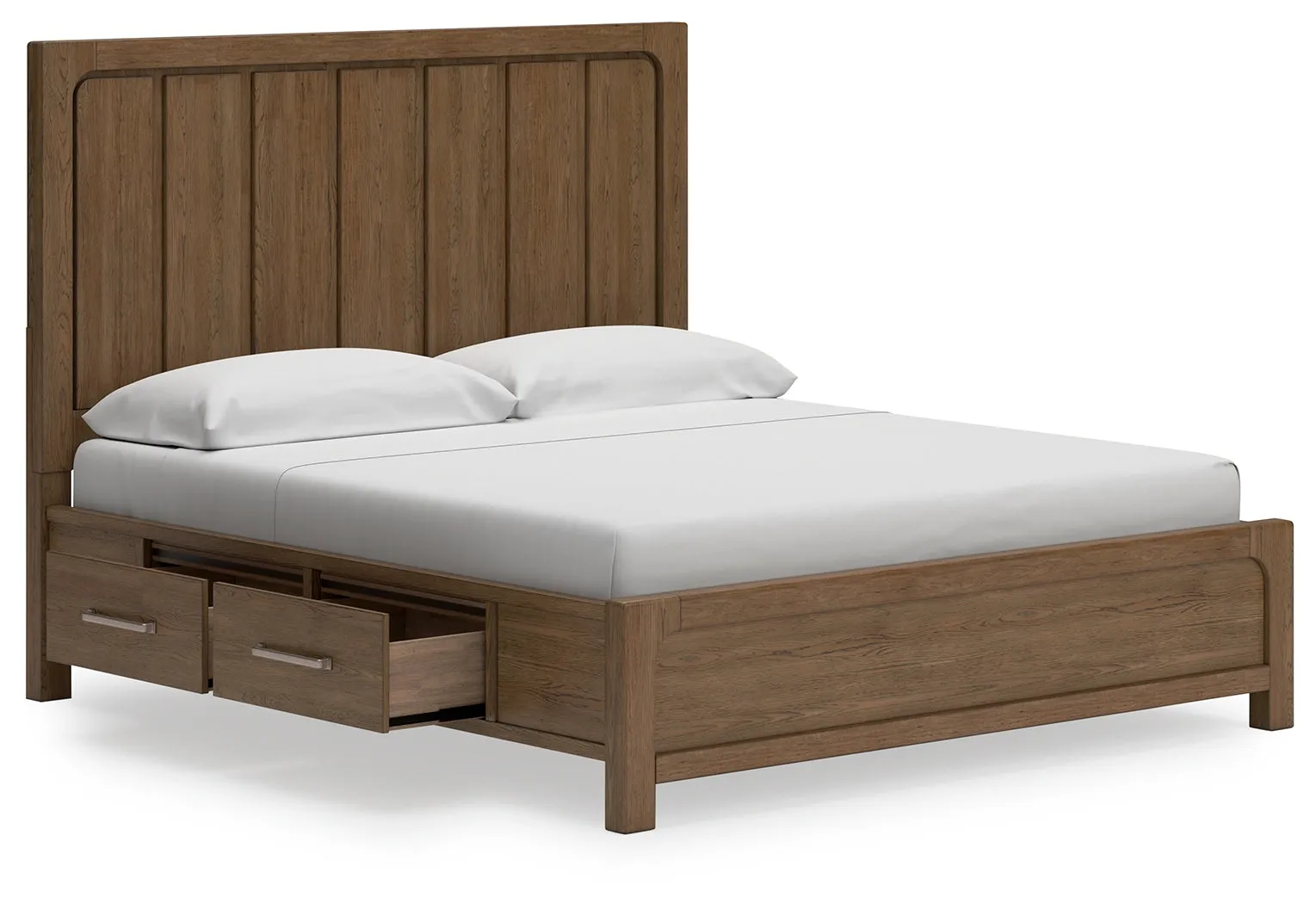 Cabalynn King Panel Bed with Storage with Mirrored Dresser and 2 Nightstands in Light Brown