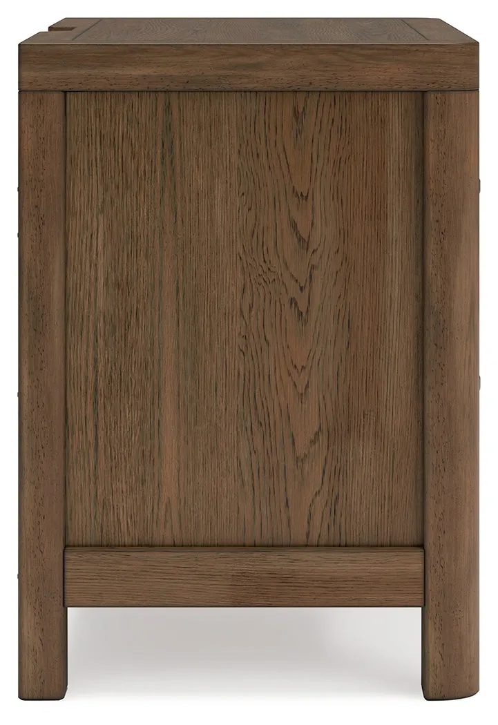 Cabalynn King Panel Bed with Storage with Mirrored Dresser and 2 Nightstands in Light Brown