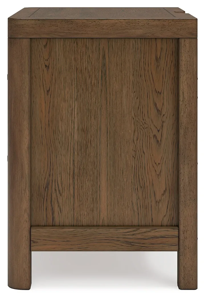 Cabalynn King Panel Bed with Storage with Mirrored Dresser and 2 Nightstands in Light Brown