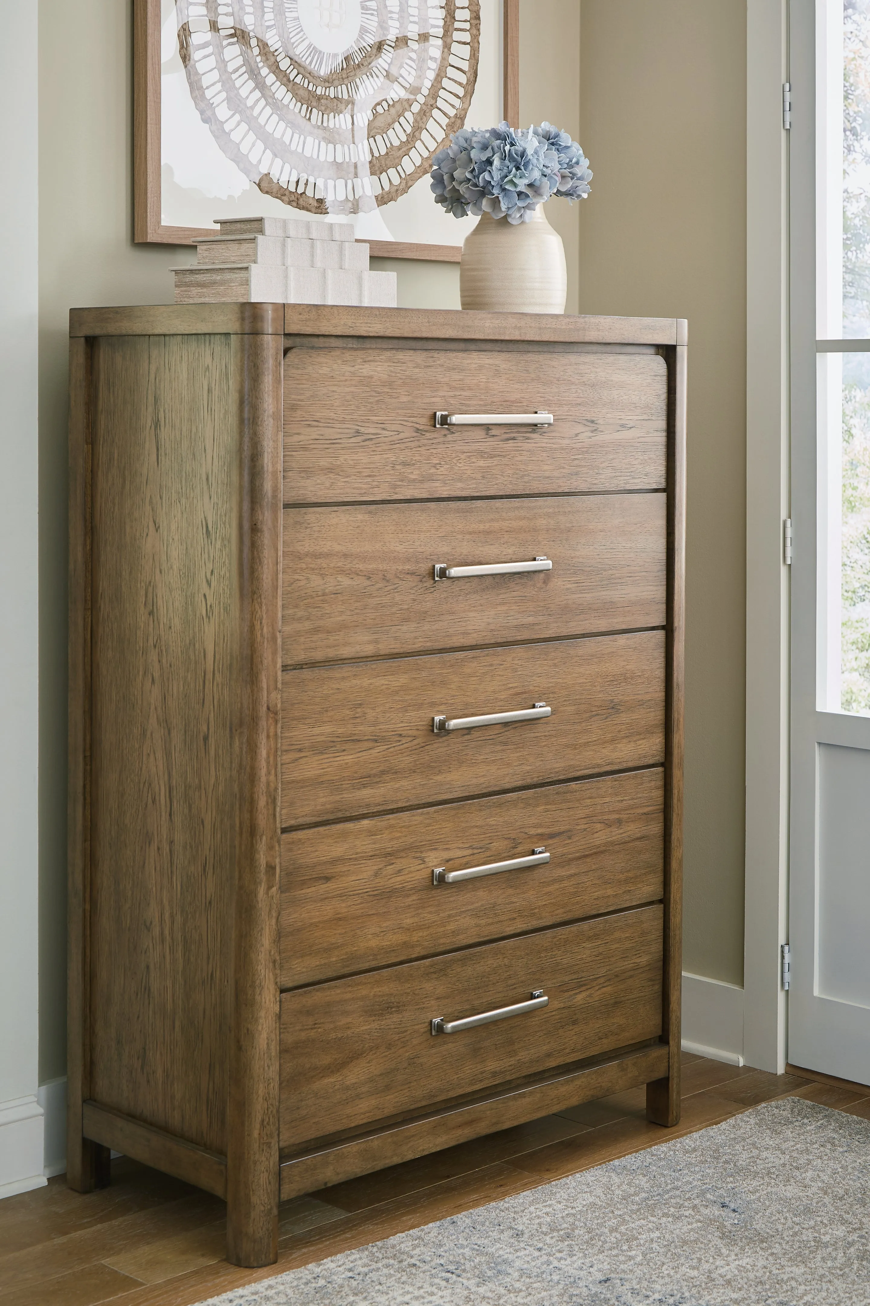 Cabalynn Queen Panel Bed with Storage with Mirrored Dresser and Chest in Light Brown