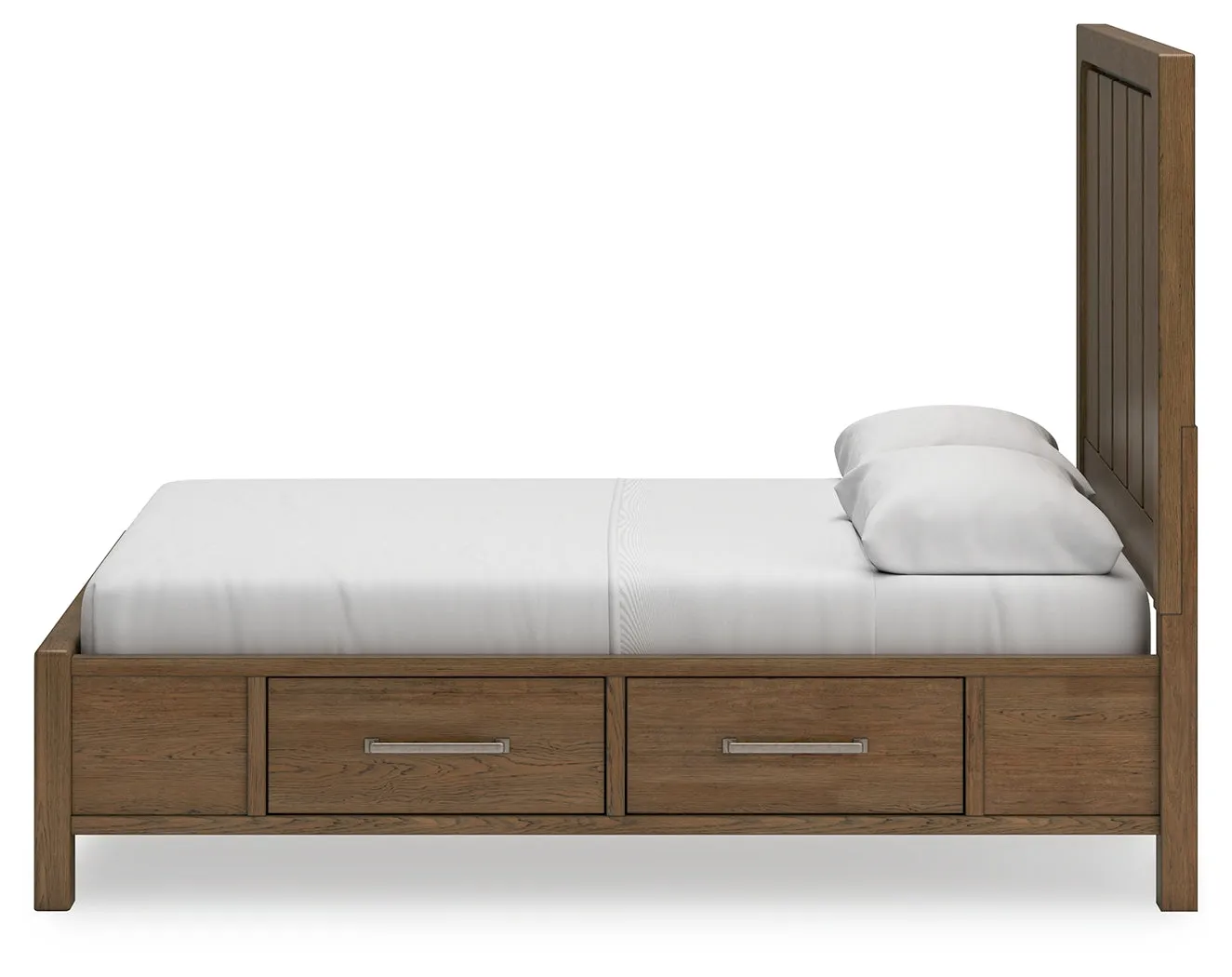 Cabalynn Queen Panel Bed with Storage with Mirrored Dresser and Chest in Light Brown