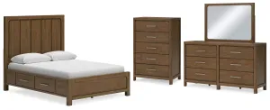 Cabalynn Queen Panel Bed with Storage with Mirrored Dresser and Chest in Light Brown