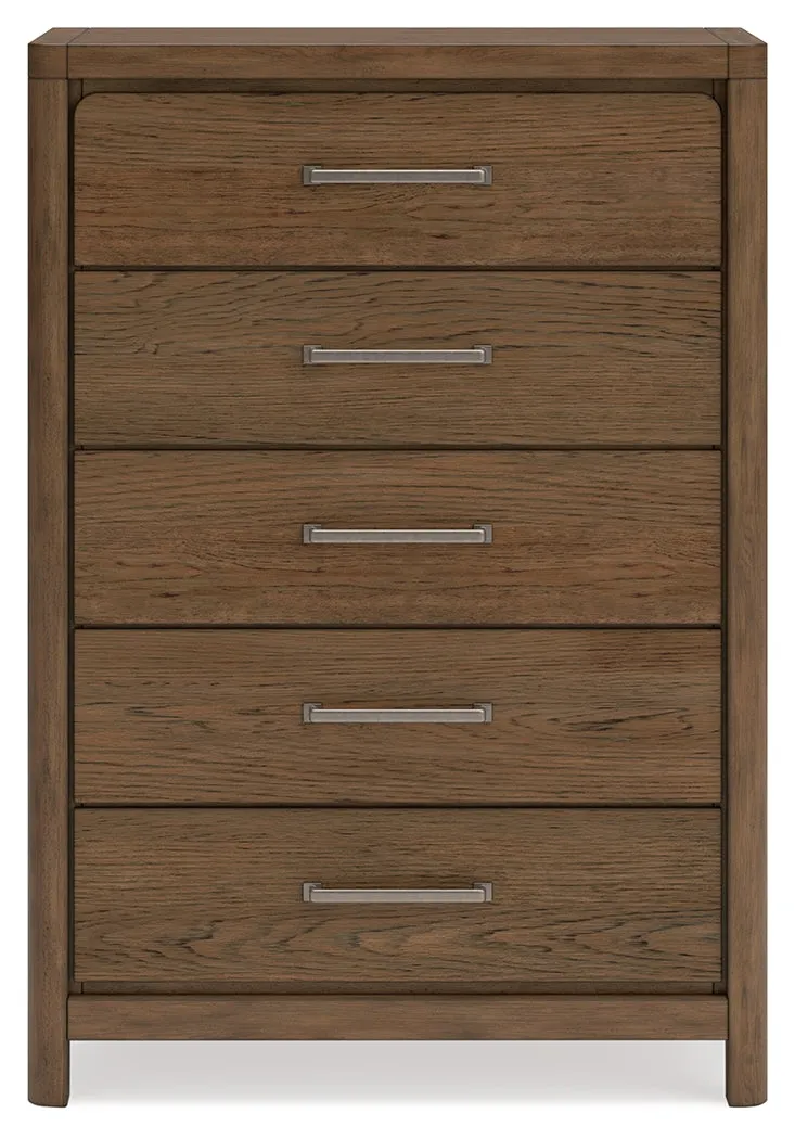 Cabalynn Queen Panel Bed with Storage with Mirrored Dresser and Chest in Light Brown