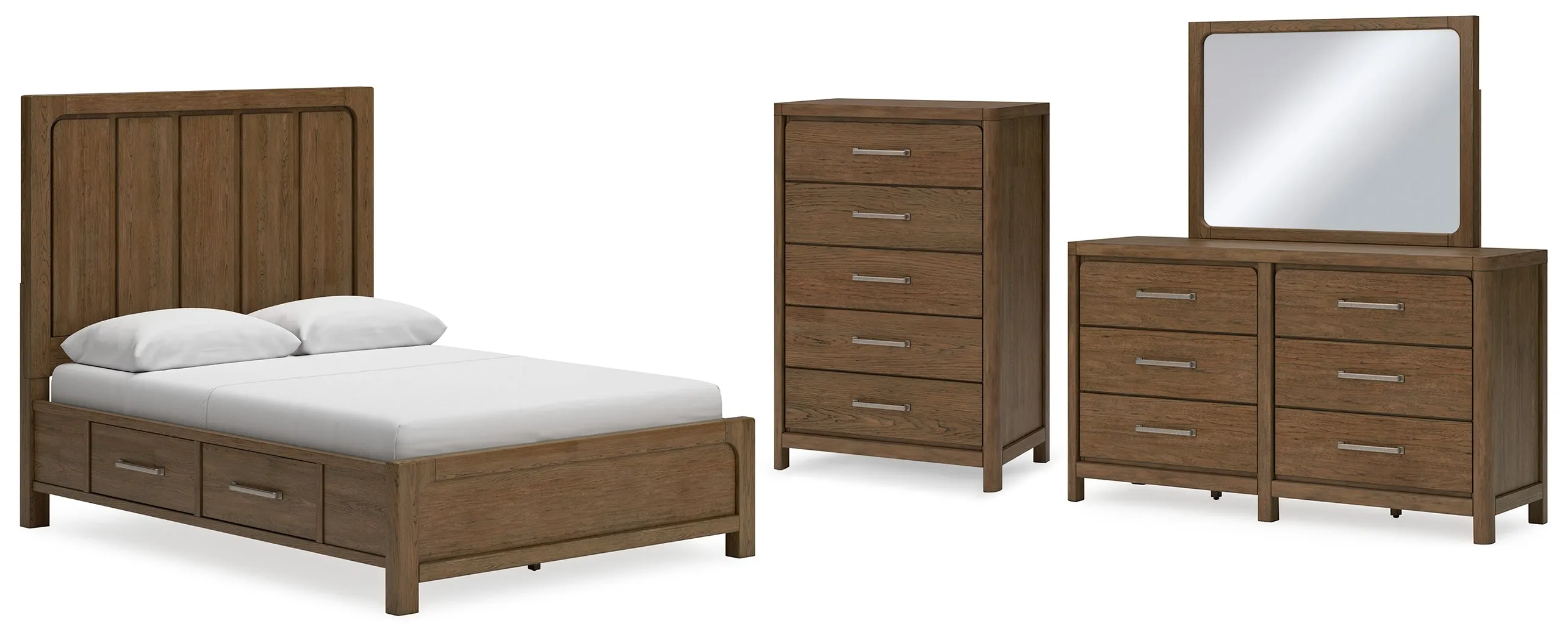 Cabalynn Queen Panel Bed with Storage with Mirrored Dresser and Chest in Light Brown