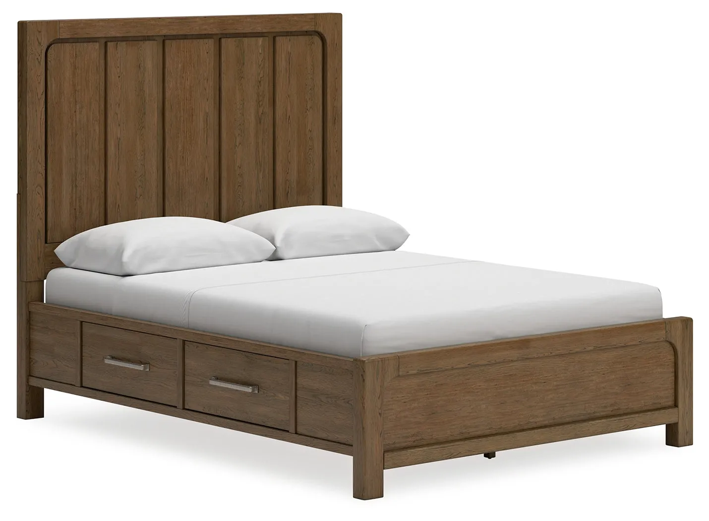 Cabalynn Queen Panel Bed with Storage with Mirrored Dresser and Chest in Light Brown