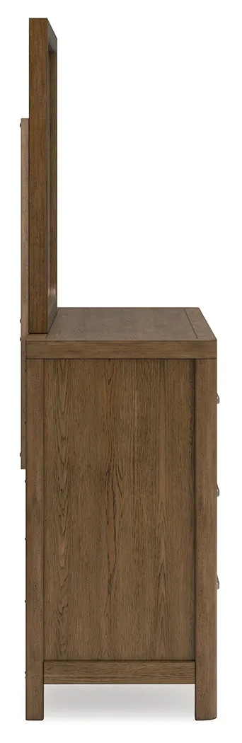 Cabalynn Queen Panel Bed with Storage with Mirrored Dresser and Chest in Light Brown