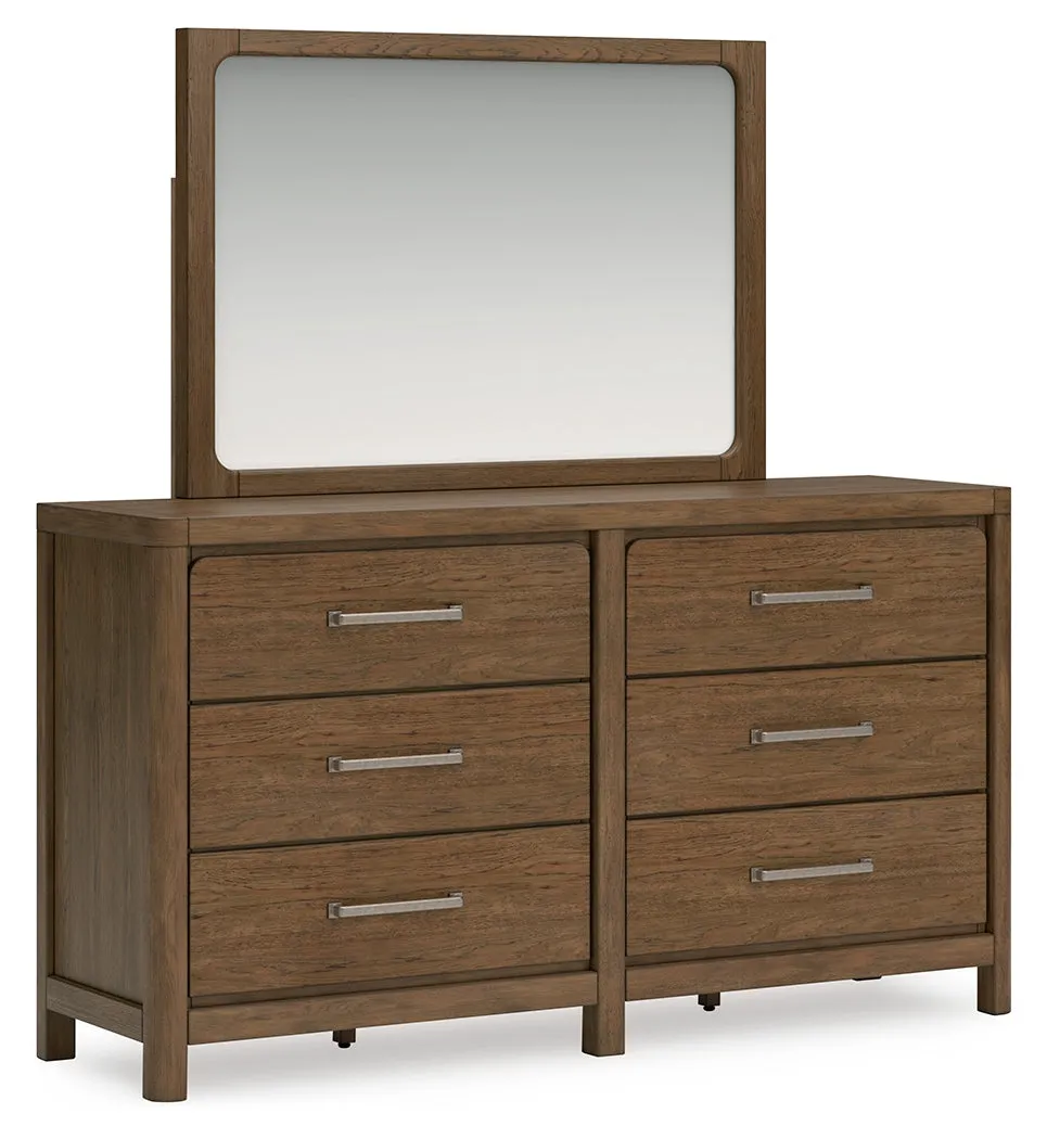 Cabalynn Queen Panel Bed with Storage with Mirrored Dresser and Chest in Light Brown