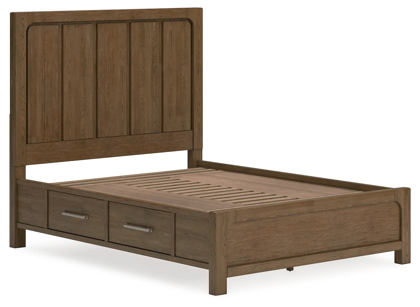 Cabalynn Queen Panel Bed with Storage with Mirrored Dresser and Chest in Light Brown