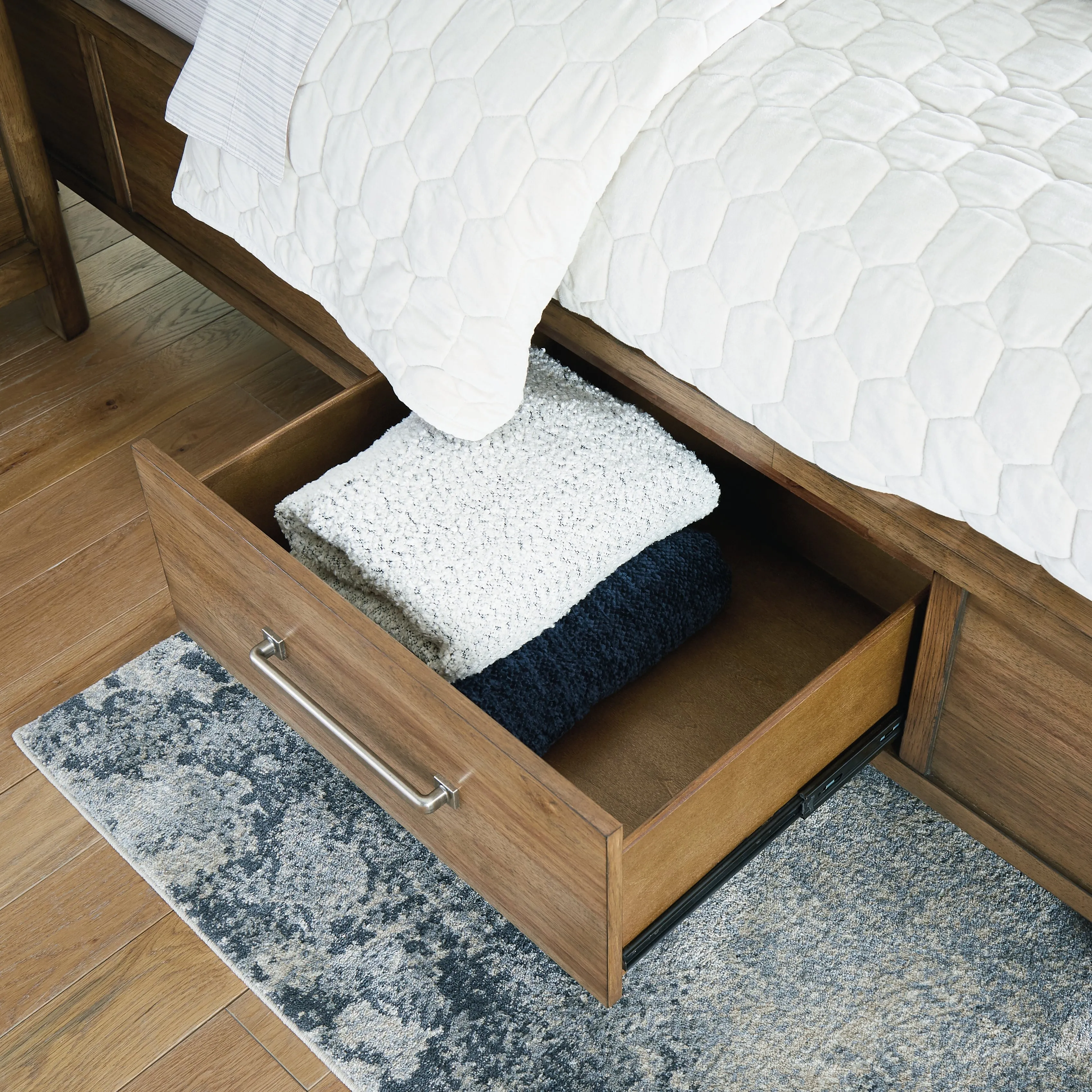 Cabalynn Queen Panel Bed with Storage with Mirrored Dresser and Chest in Light Brown