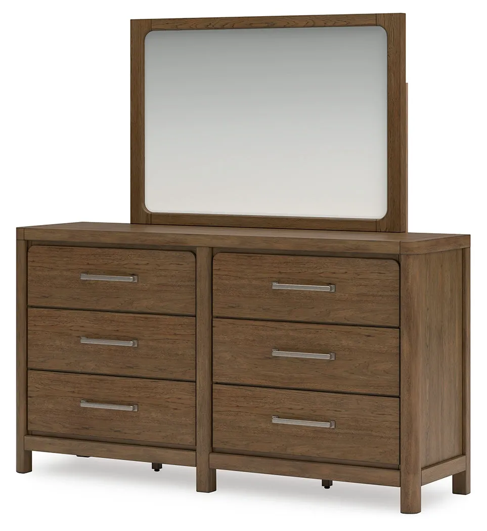 Cabalynn Queen Panel Bed with Storage with Mirrored Dresser and Chest in Light Brown