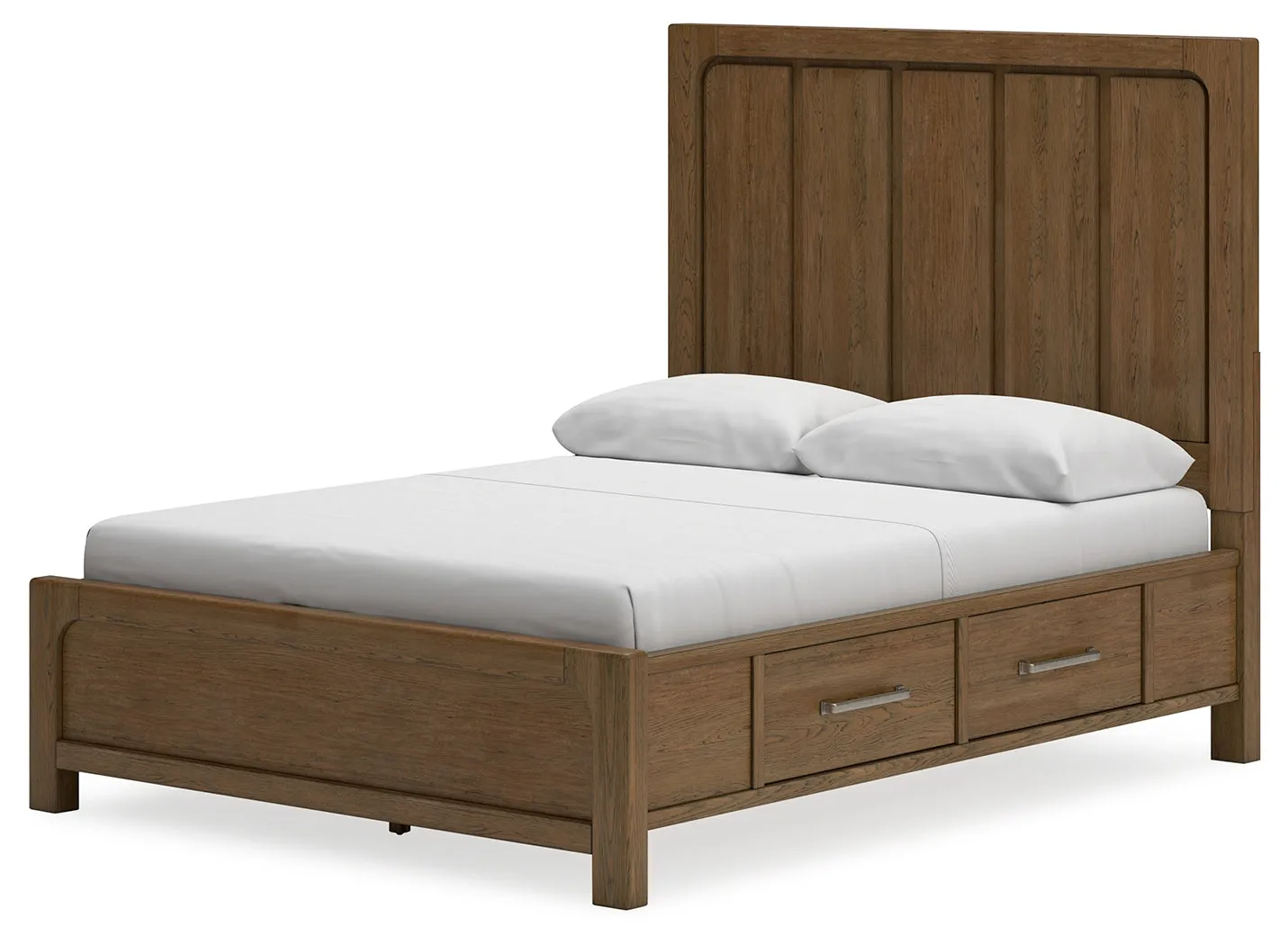 Cabalynn Queen Panel Bed with Storage with Mirrored Dresser and Chest in Light Brown
