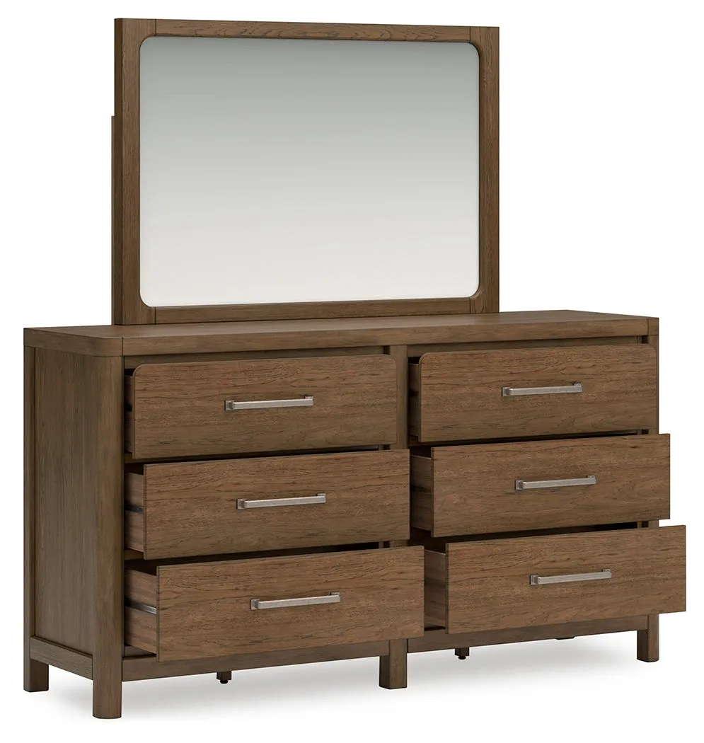 Cabalynn Queen Panel Bed with Storage with Mirrored Dresser and Chest in Light Brown