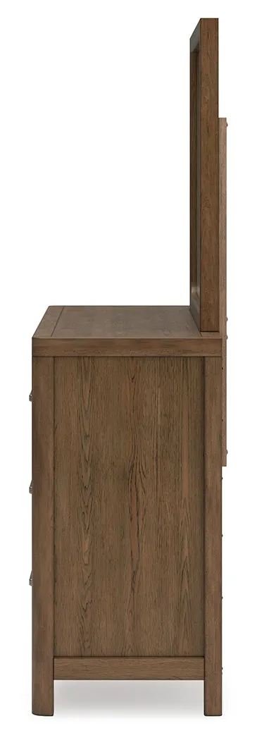 Cabalynn Queen Panel Bed with Storage with Mirrored Dresser and Chest in Light Brown