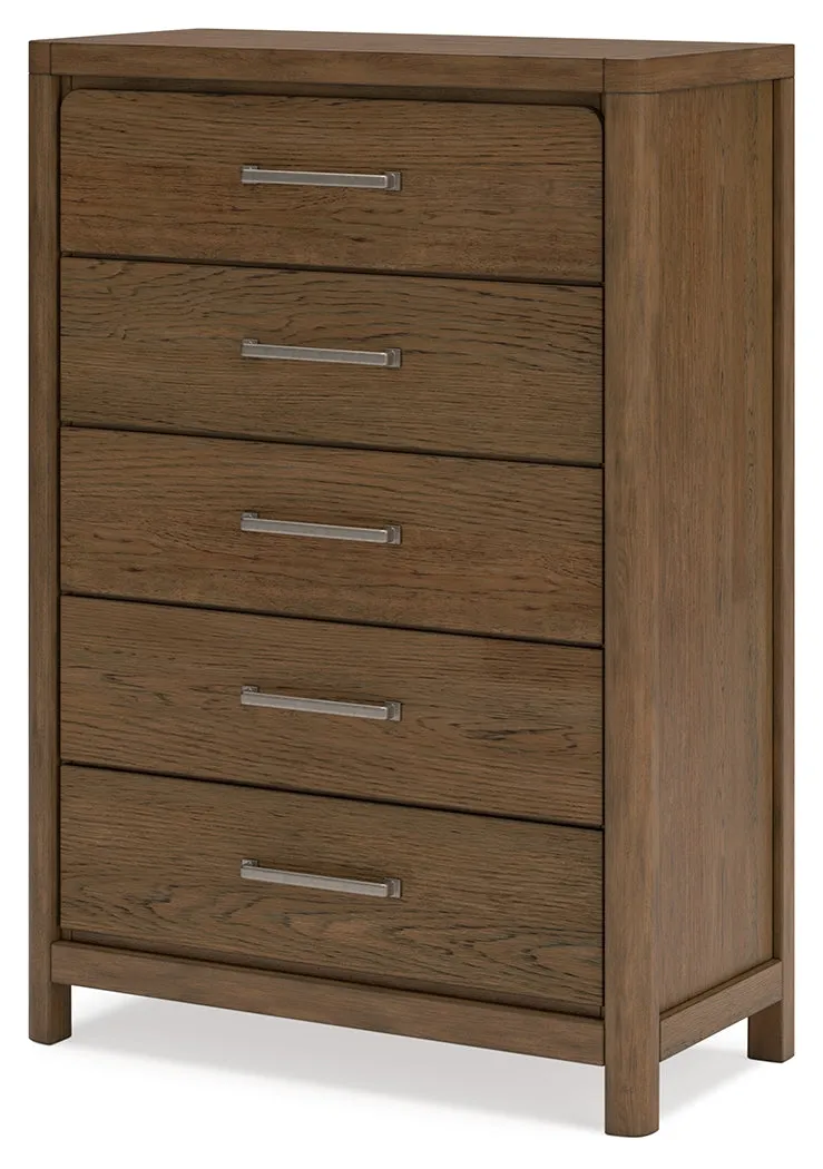 Cabalynn Queen Panel Bed with Storage with Mirrored Dresser and Chest in Light Brown