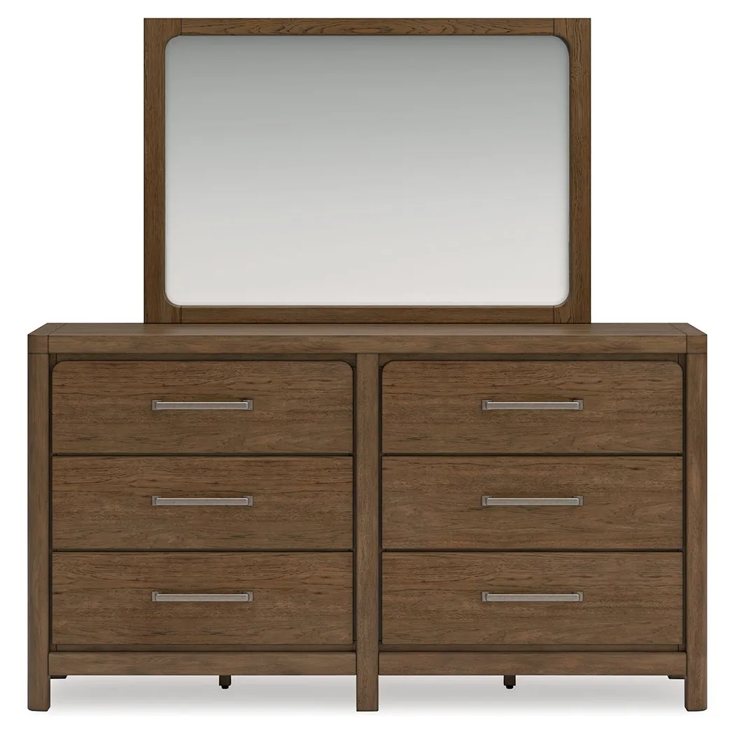 Cabalynn Queen Panel Bed with Storage with Mirrored Dresser and Chest in Light Brown