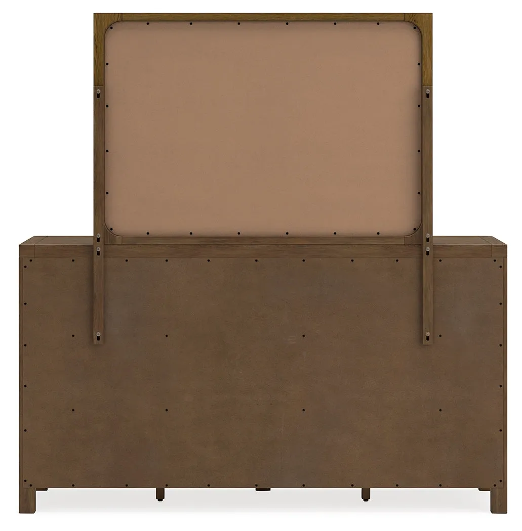 Cabalynn Queen Panel Bed with Storage with Mirrored Dresser and Chest in Light Brown