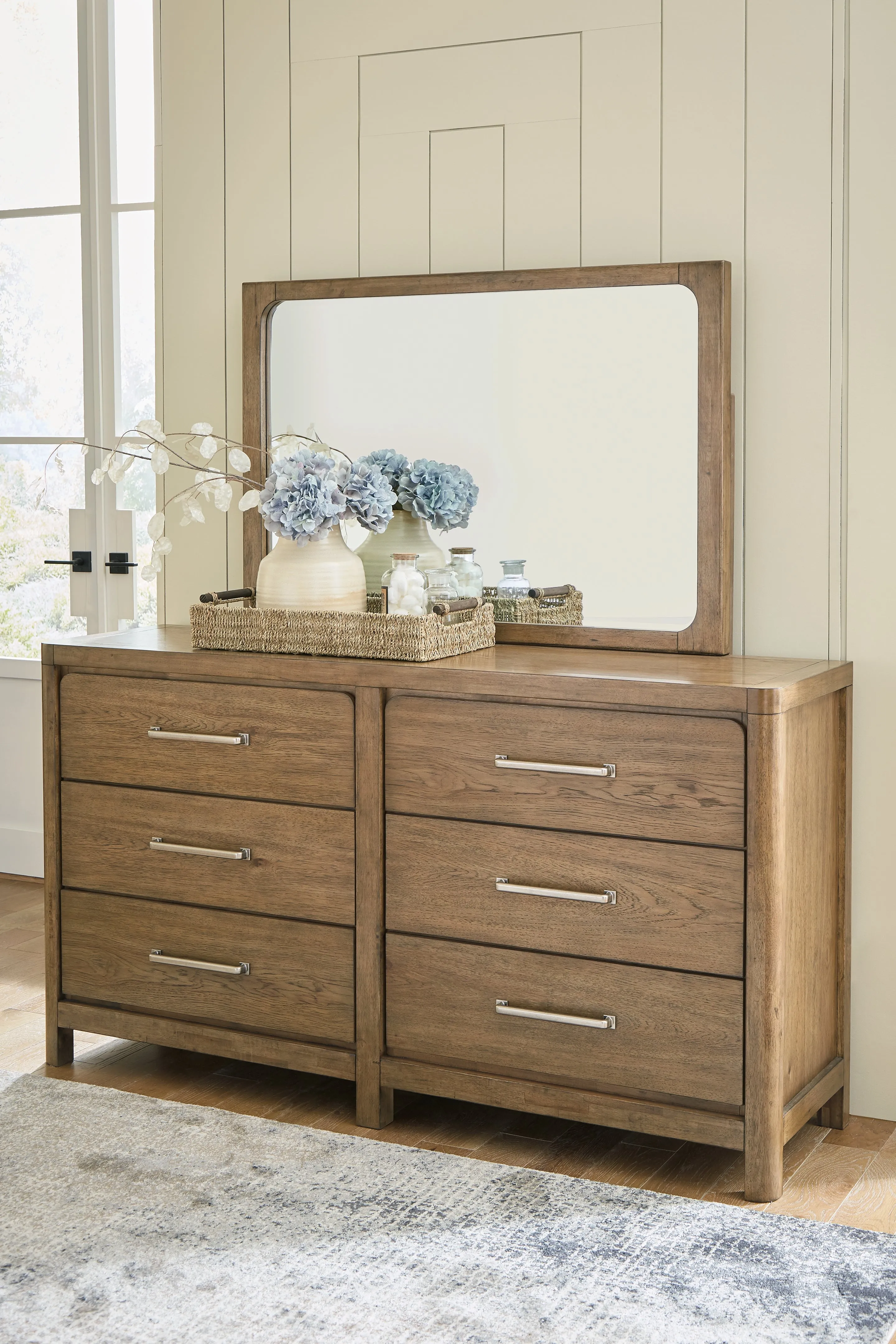 Cabalynn Queen Panel Bed with Storage with Mirrored Dresser and Chest in Light Brown